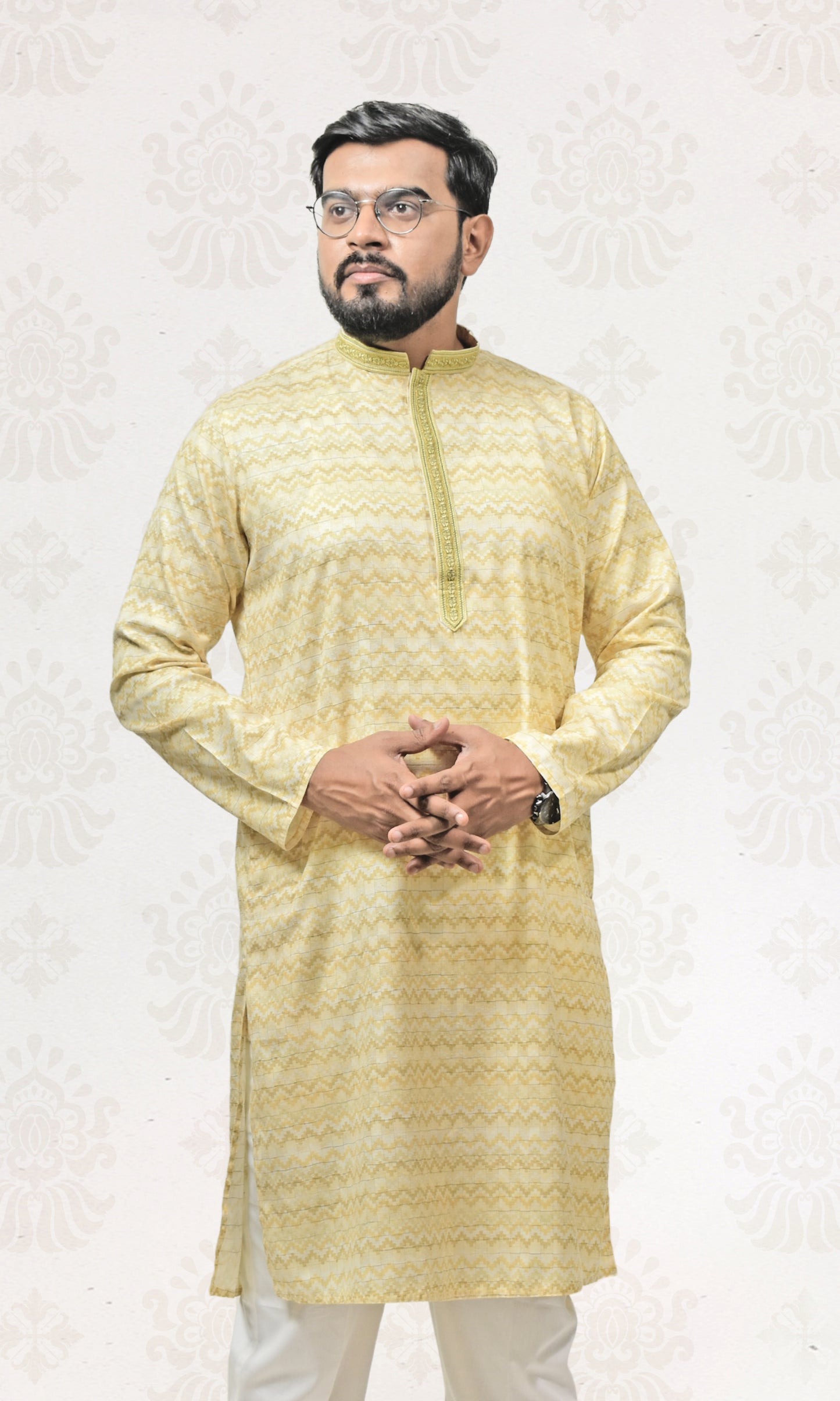 Pastel Mist Lemon Kurta with Embossed Zigzag Detailing