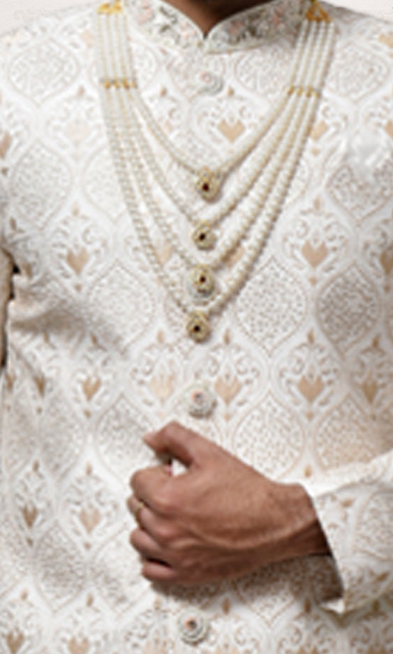 Antique Gold Sherwani with Intricate Embroidery, Jewel Buttons & Embellished Neckline