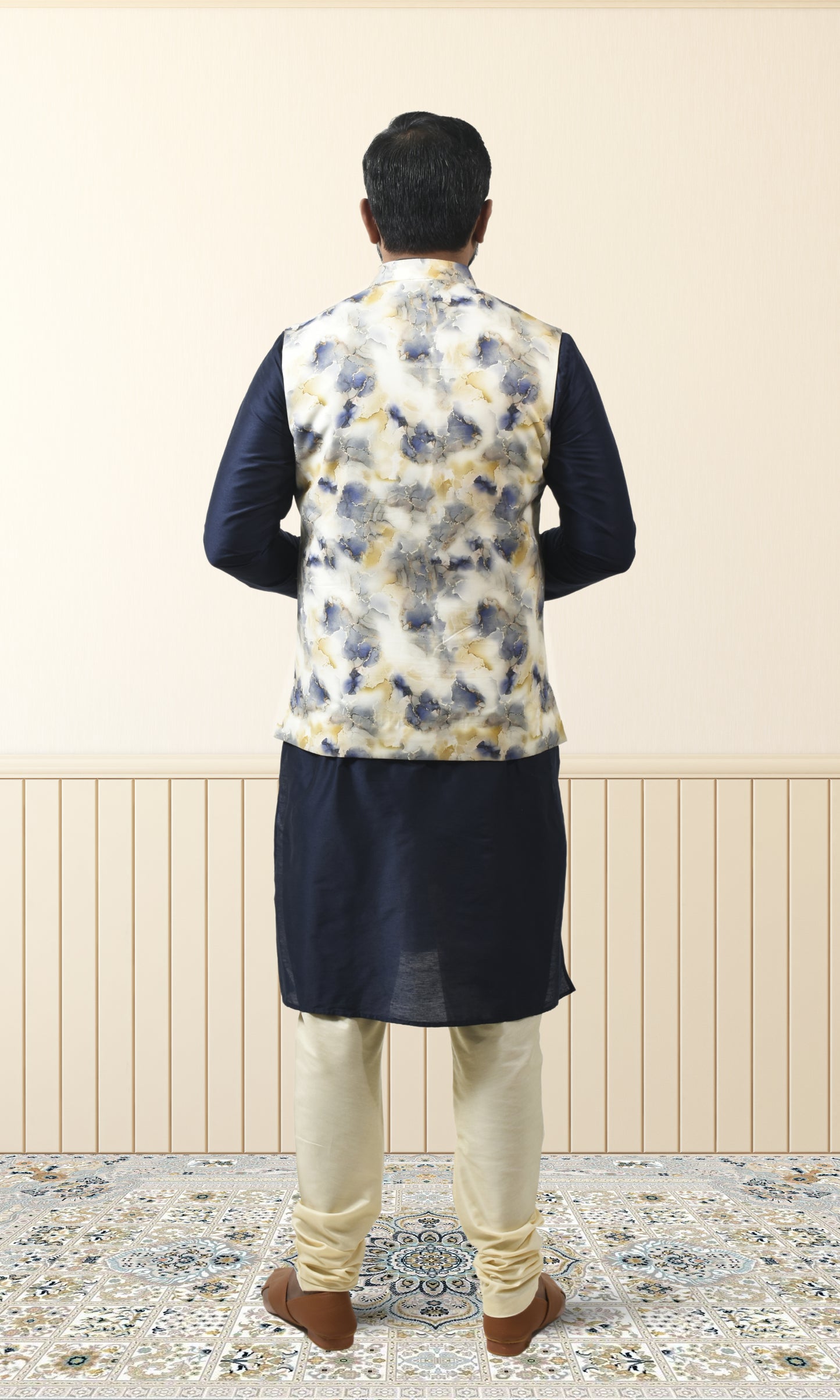 Celestial Ivory & Blue Marbled Jacket with Royal Gold Veins