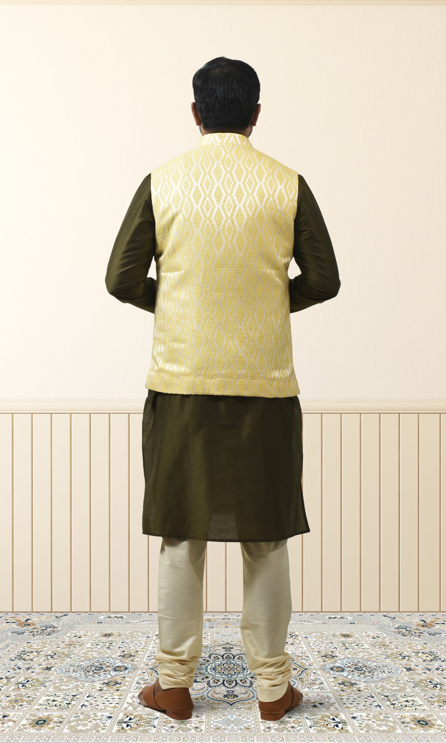 Sunlit Ivory Jacket with Golden Honeycomb Embroidery and sequin embellishments