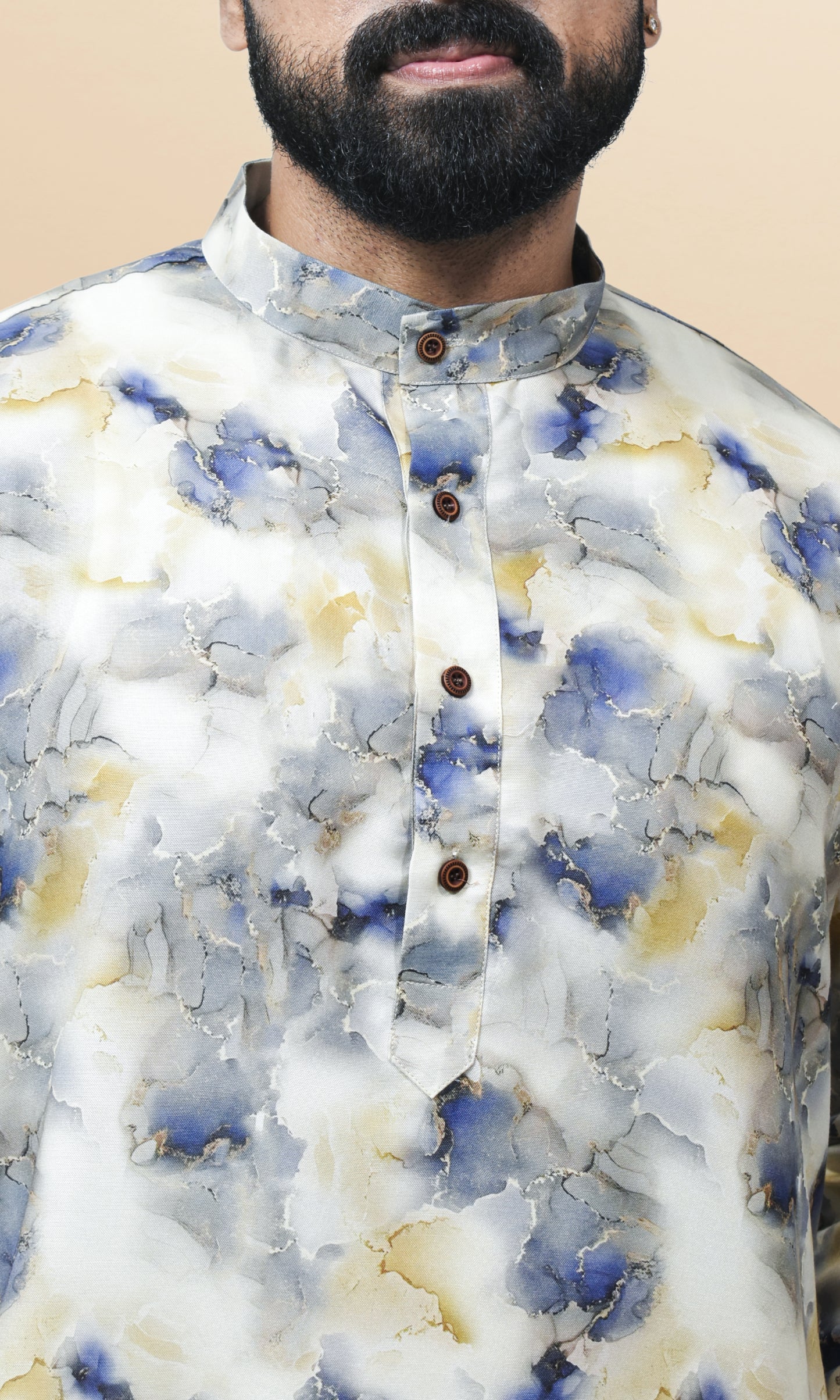 Celestial Ivory & Blue Marbled Kurta with Royal Gold Veins