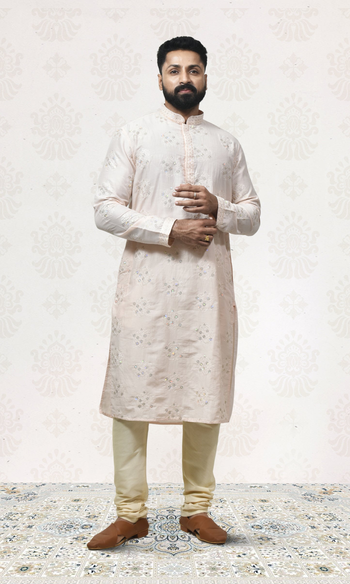 Powder Pink Blush Kurta with Delicate Crystal & Floral Embroidery