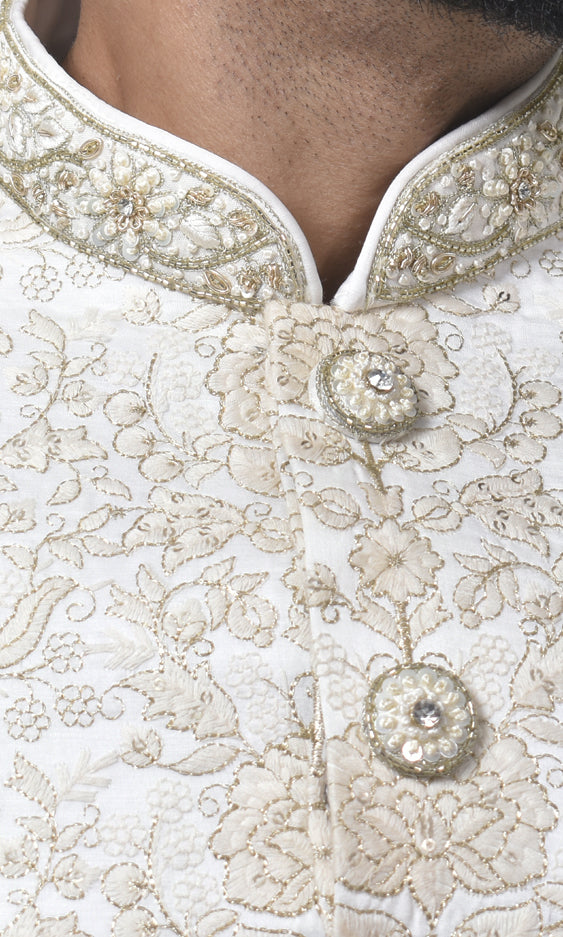 Champagne Cream Zari Embroidered Sherwani with Regal Threadwork & Jewel Buttons