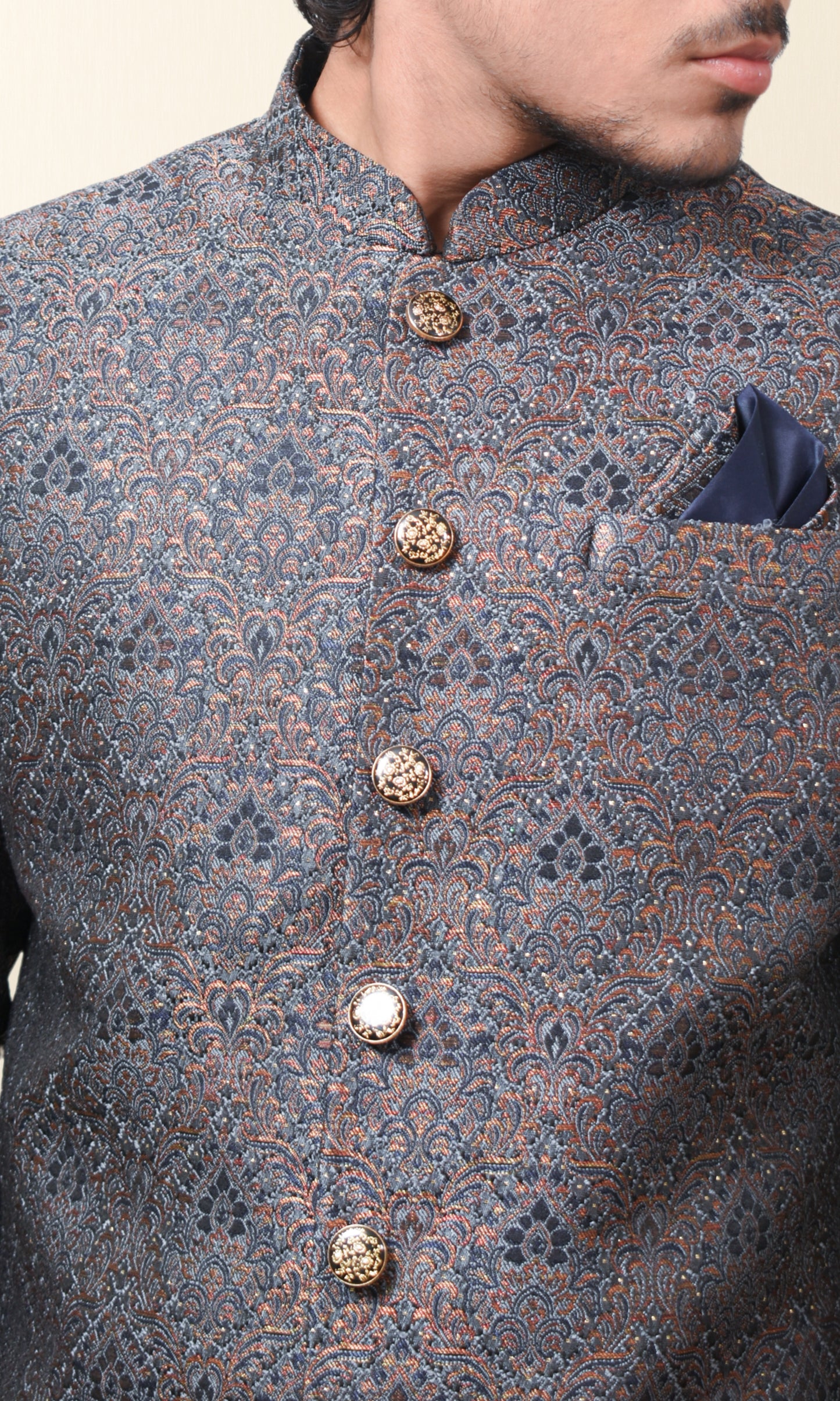 Dusky Sapphire & Charcoal Eclipse Majesty Indo-Western with Burnished Brocade Elegance