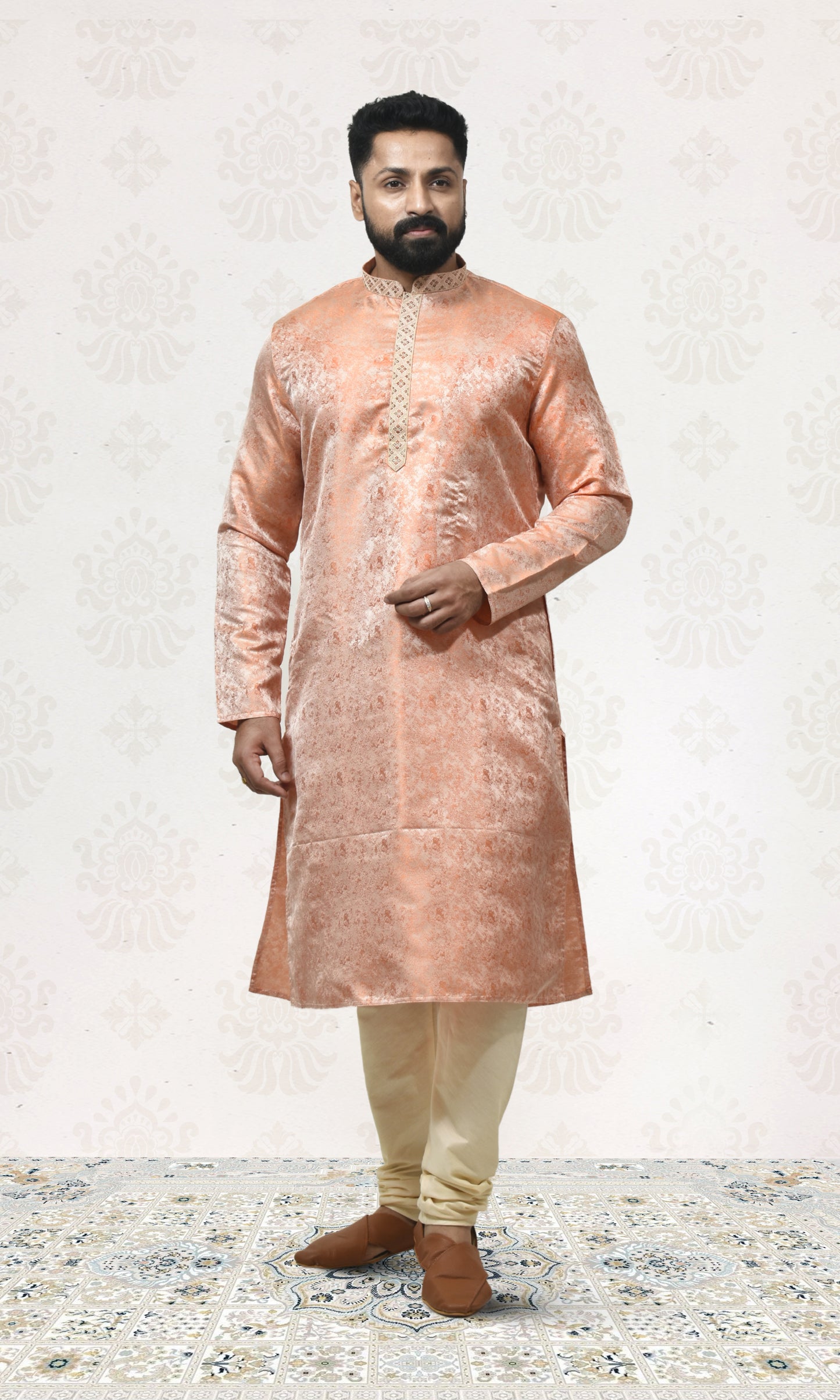 Silken Blush Orange Kurta with Royal Embossed Detailing