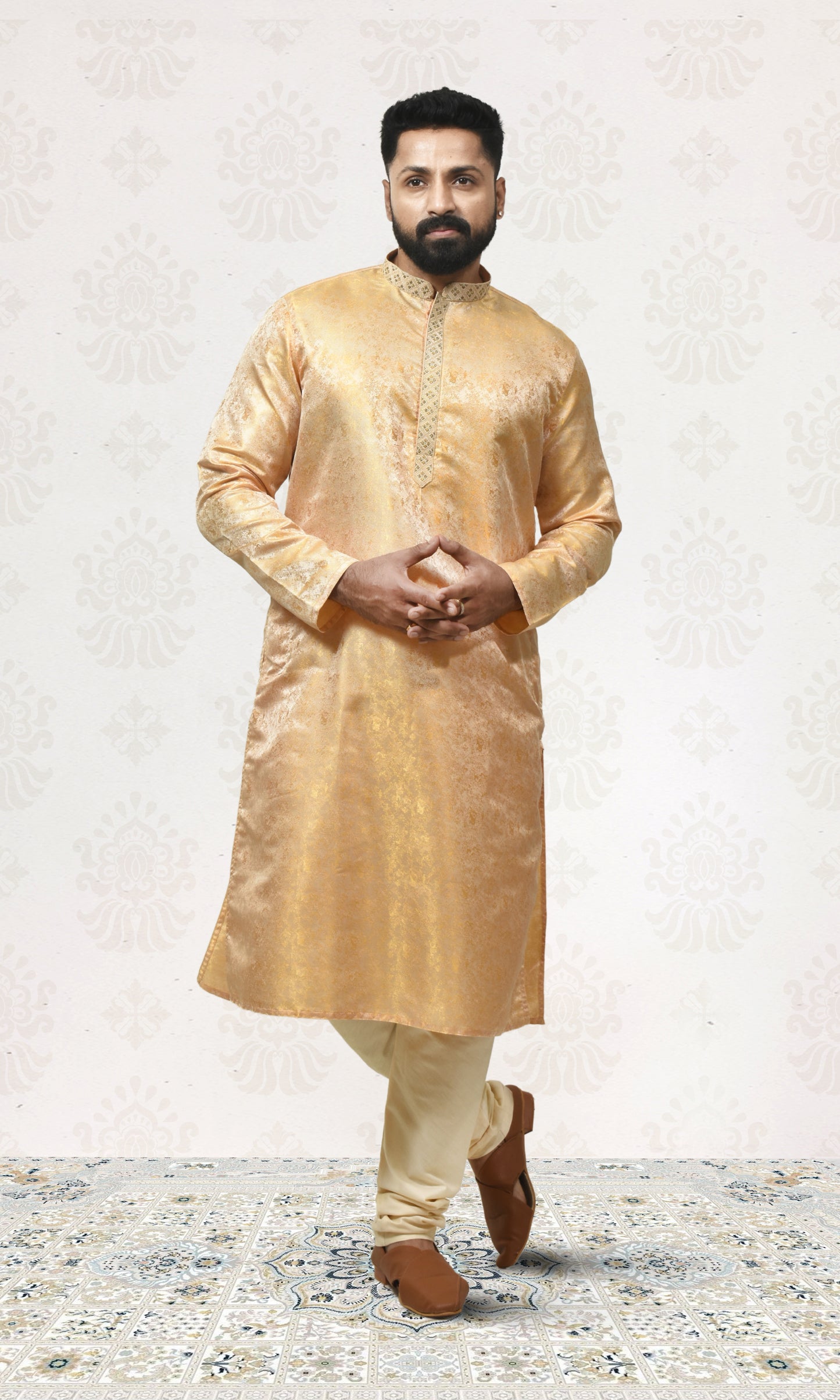 Silken Blush Yellow Ochre Kurta with Royal Embossed Detailing