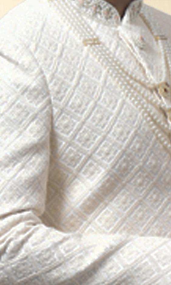 Ivory Diamond-Textured Sherwani with Embellished Buttons & Regal Pearl Accents