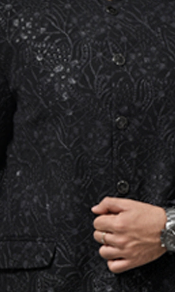 Midnight Black Luxe Floral Bandhgala with Shimmering Sequin Accents