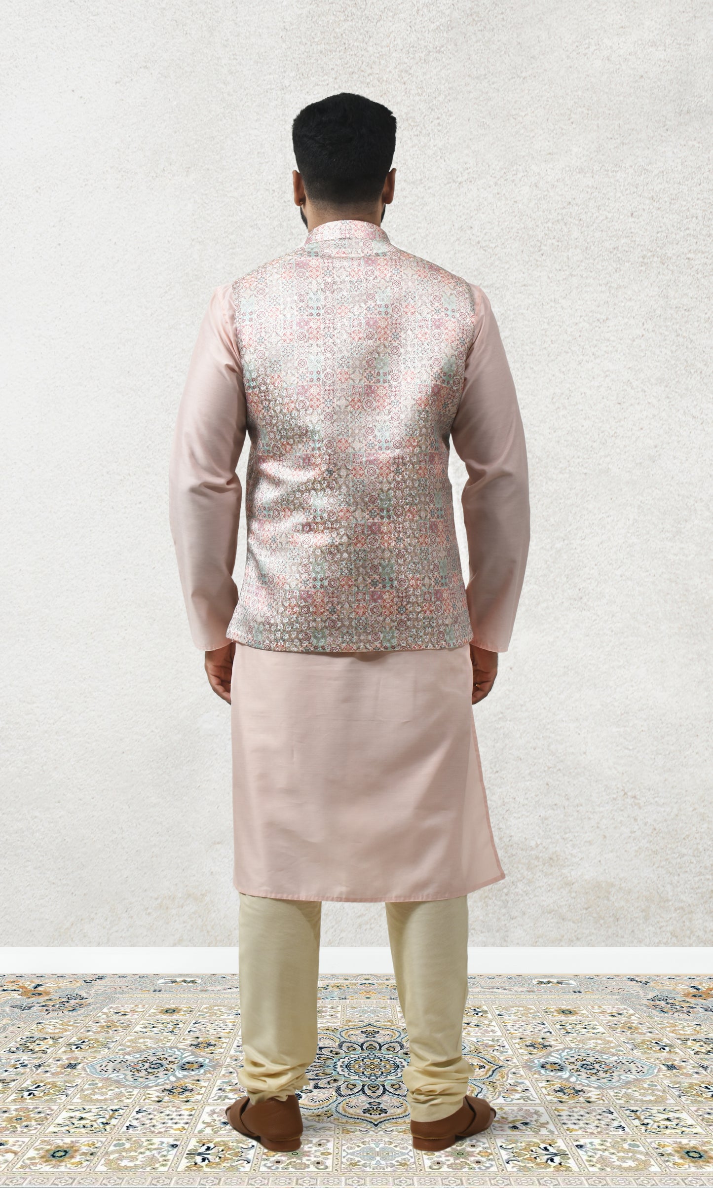 Multicoloured Pastel Medallion Weaved Jacket with Enchanted Brocade