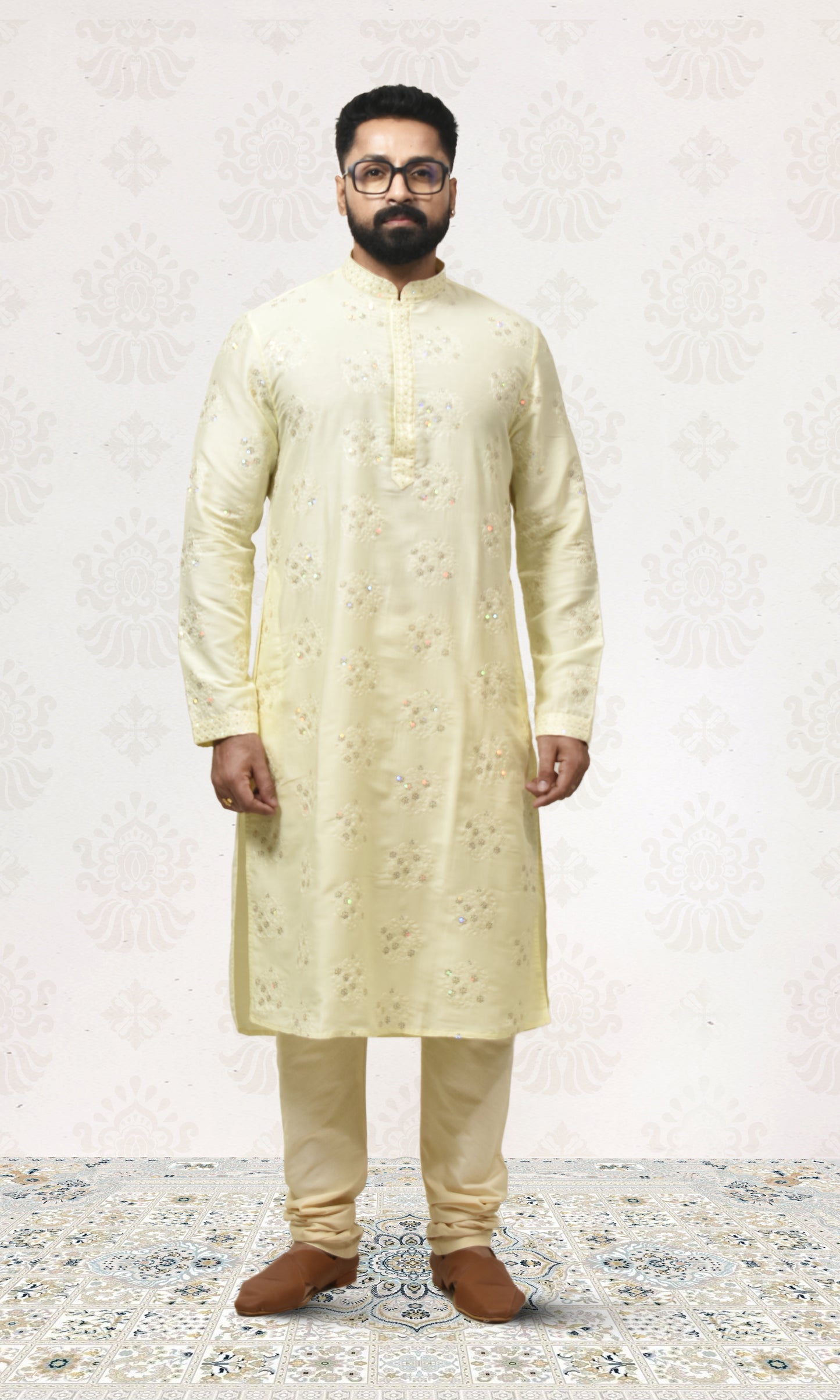 Golden Buttercream Kurta with Delicate Crystal & Floral Embroidery