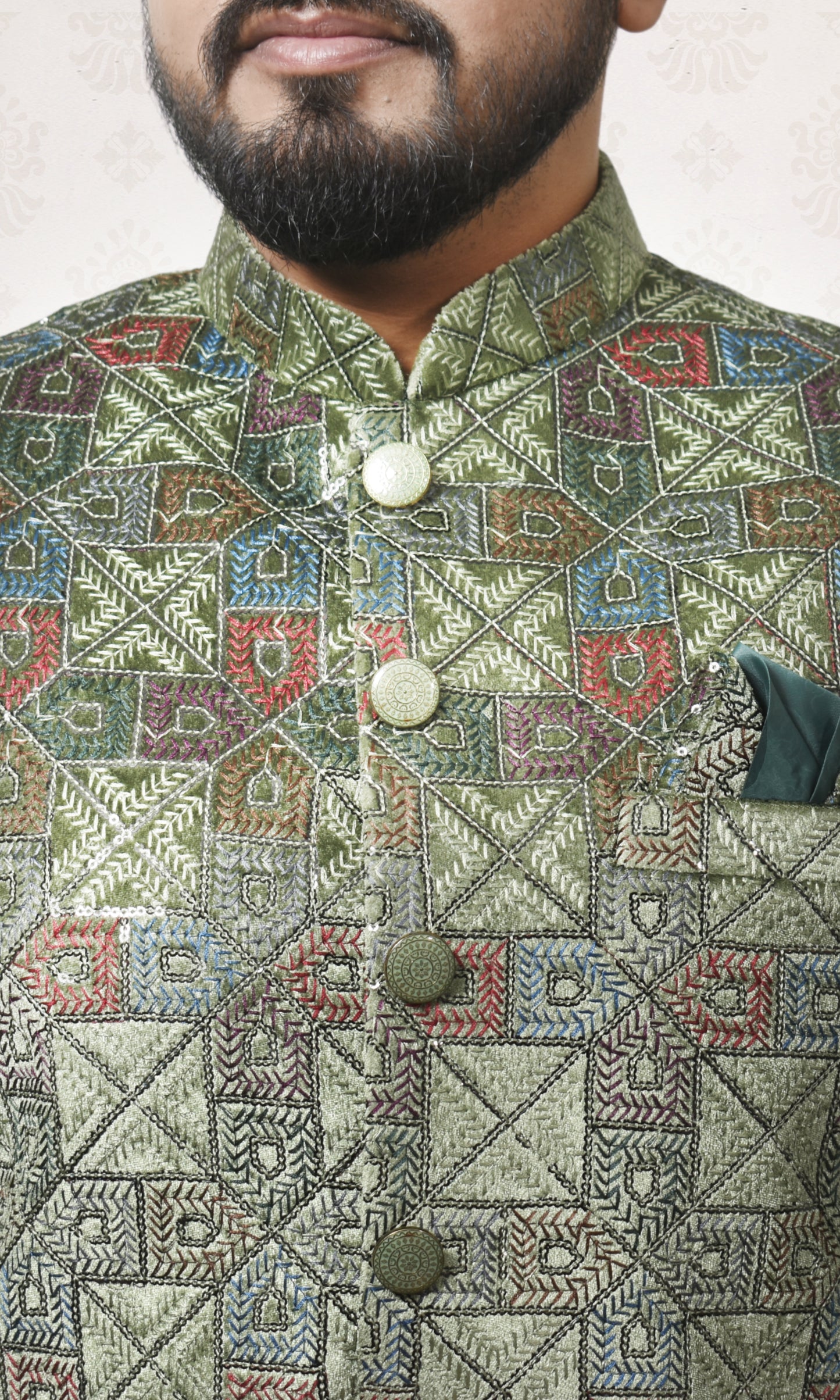 Emerald Green Enigma Indo-Western with Geometric Foliage Embroidery