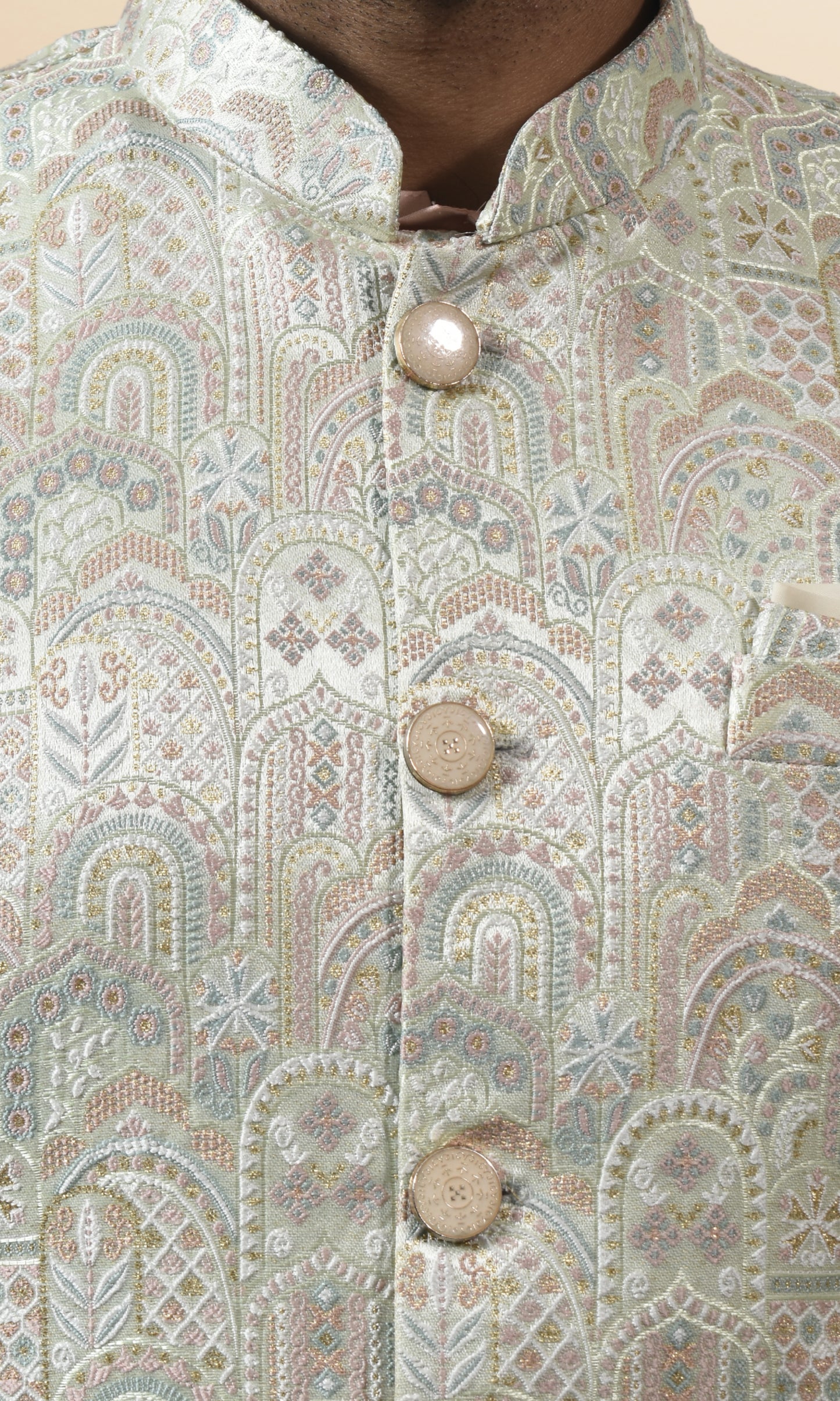 Blush-Tinted Ivory Jacket with Paisley Sequin Embroidery and Delicate Pastel Accents
