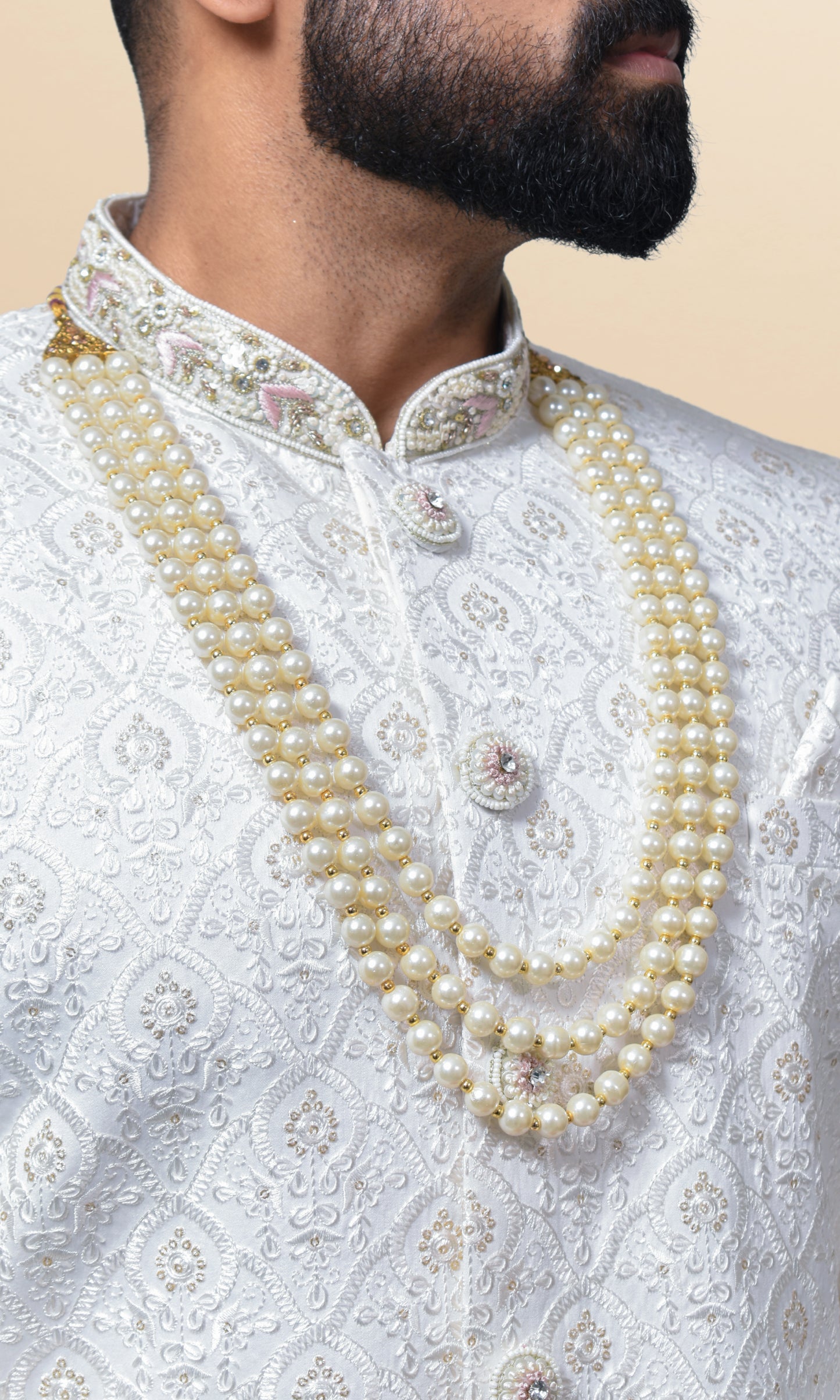 Celestial Ivory Tapestry Sherwani with Lustrous Pearl Encrustations & Ornate Filigree Collar