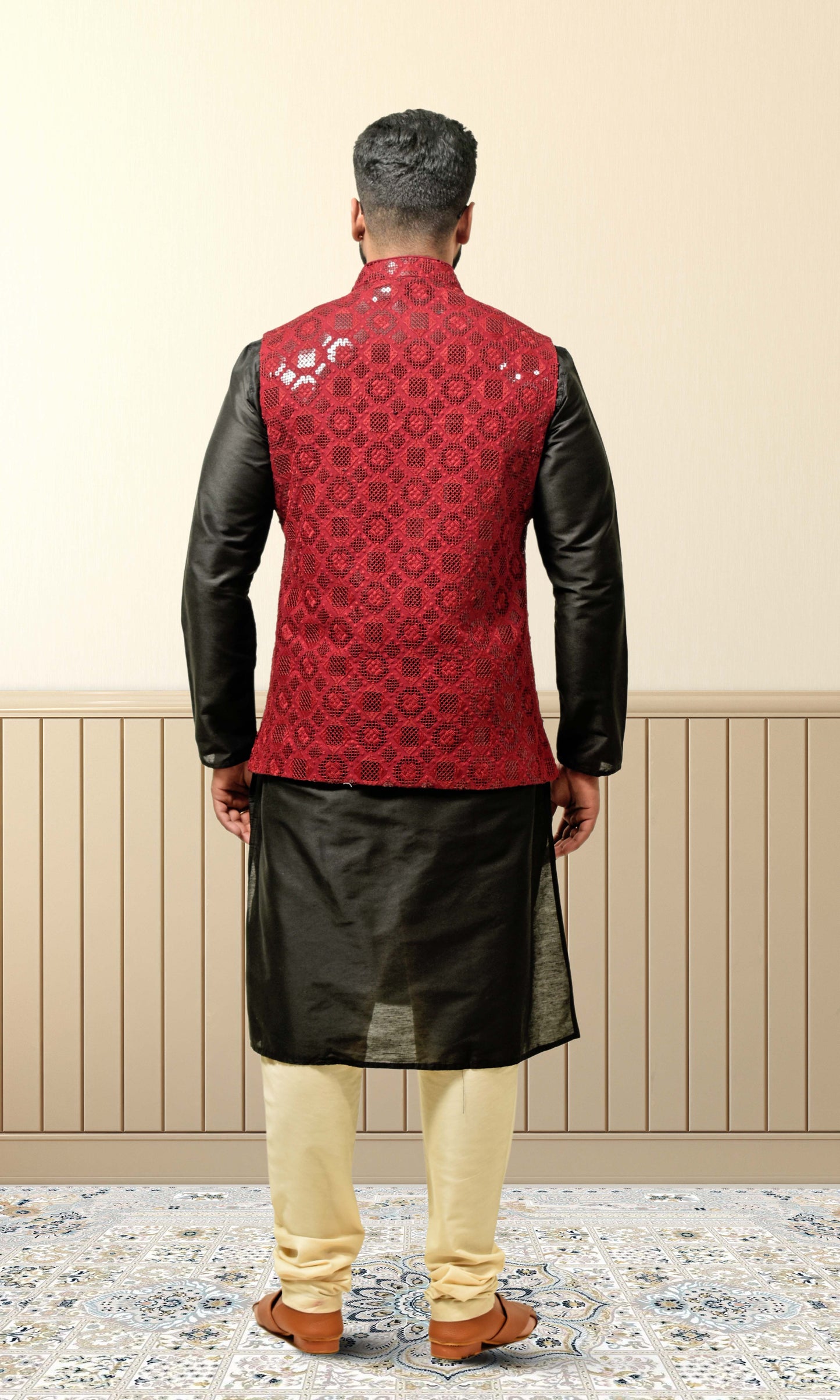 Maroon Obsidian Jacket with Noir Geometric Sequin Weave