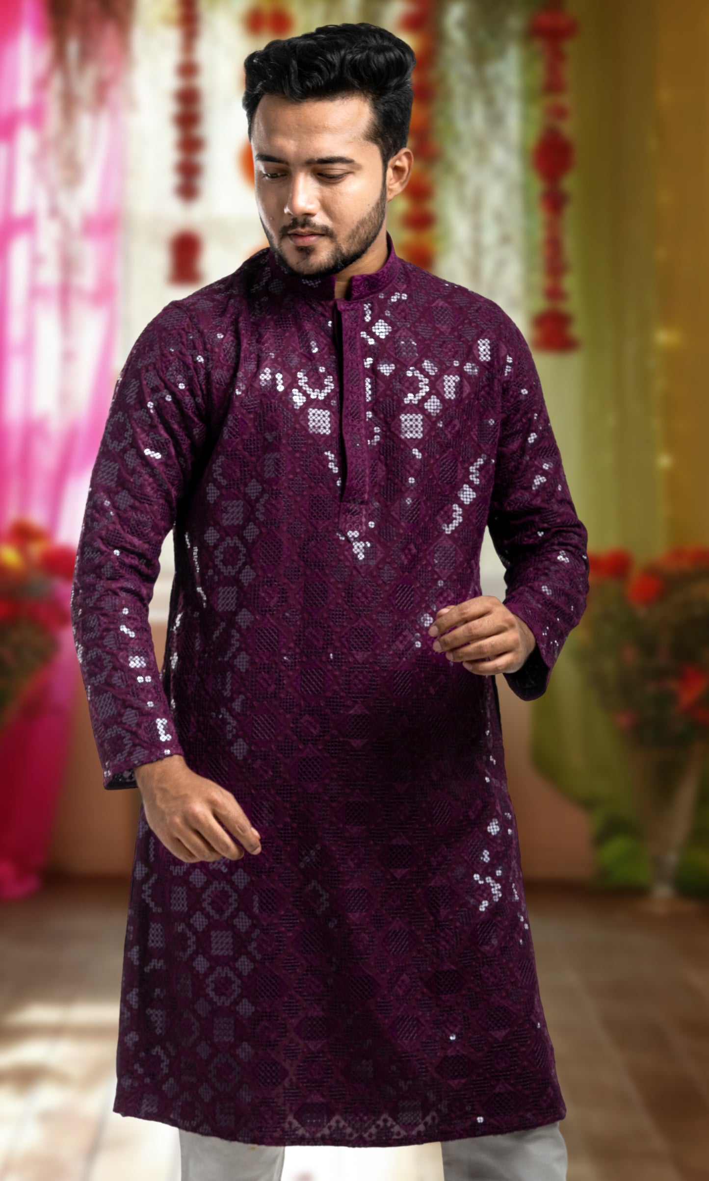 WINE SEQUIN EMBELLISHED CHIKANKARI KURTA