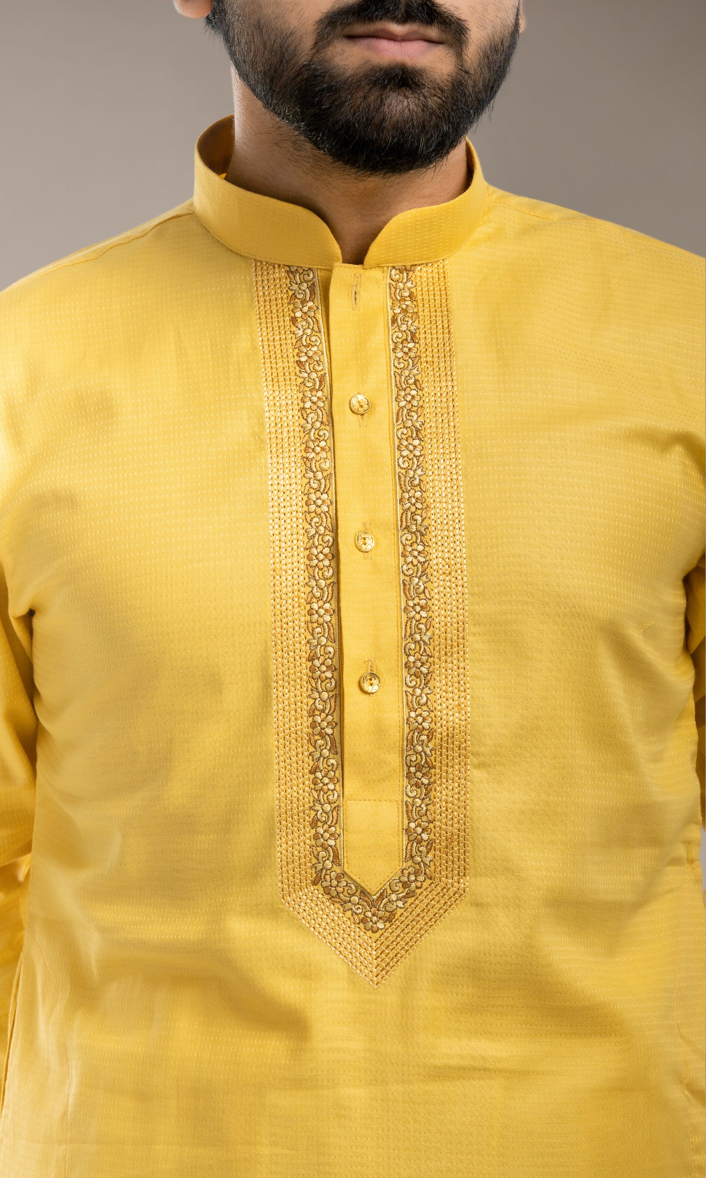 YELLOW SELF WEAVED KURTA WITH EMBROIDERED NECKLINE