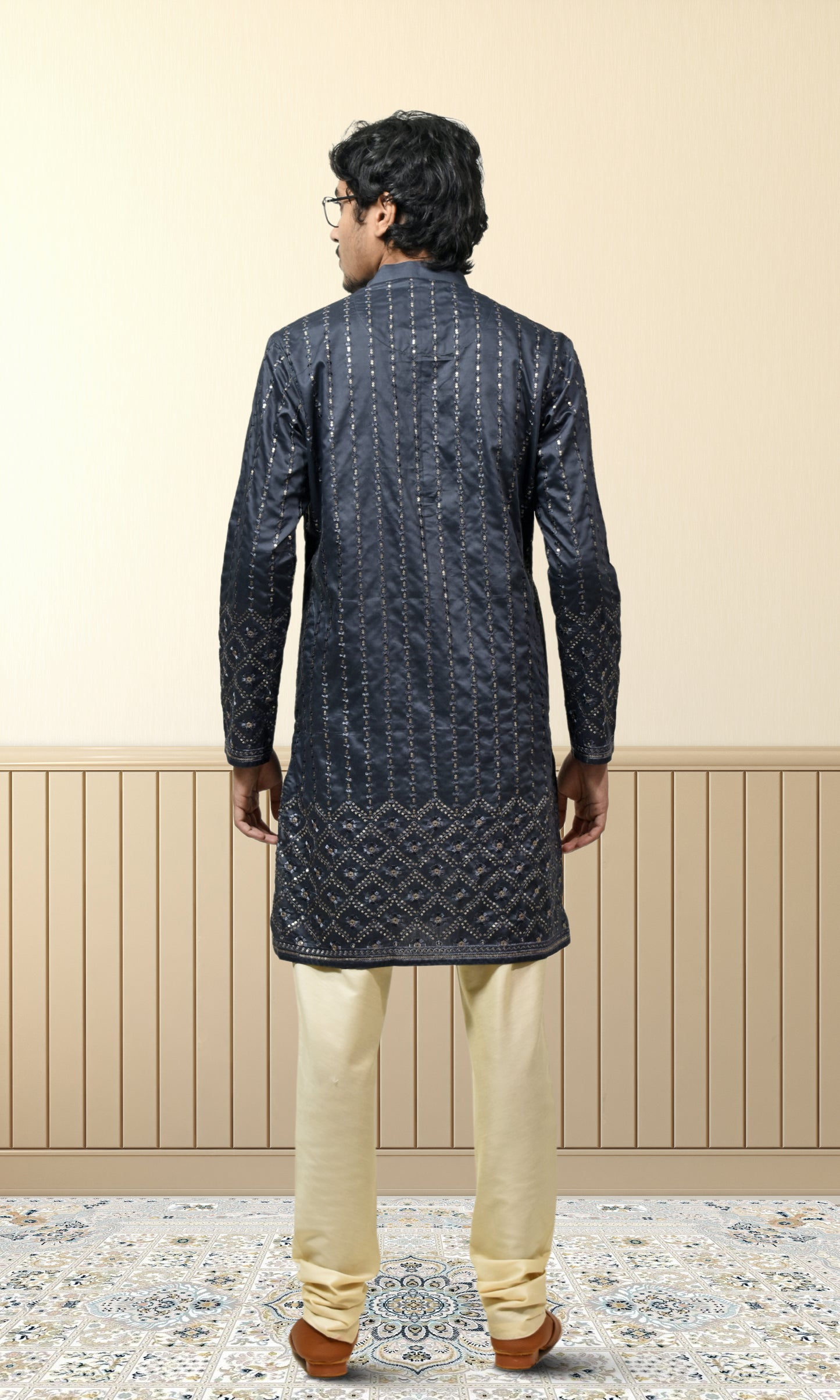 Midnight Charcoal Grey Kurta with Luminous Gold Embroidery