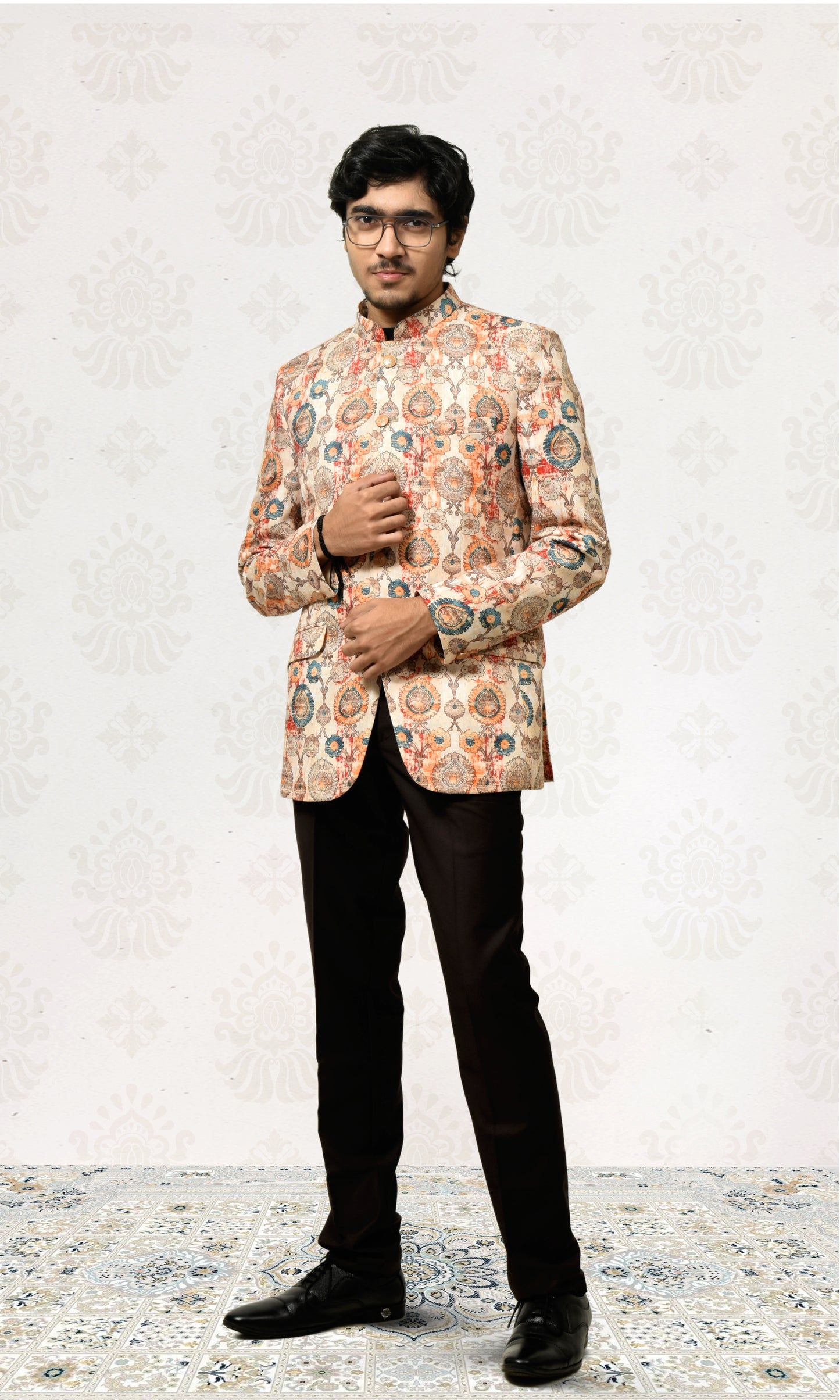 Champagne Beige Heritage Bandhgala with Vibrant Motif Design