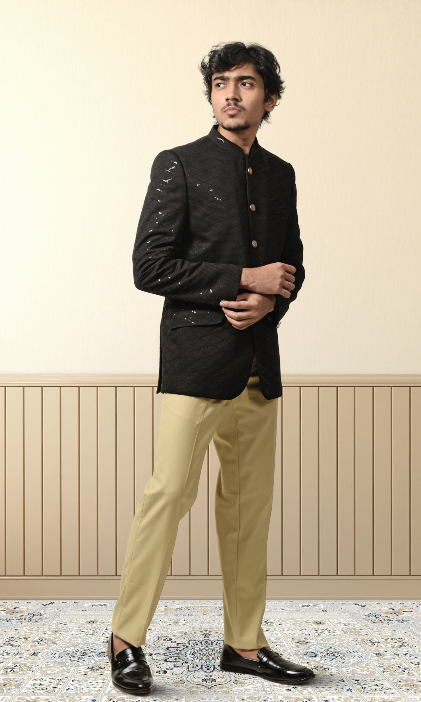 Regal Black Diamond-Quilted Bandhgala with Subtle Sequin Highlights