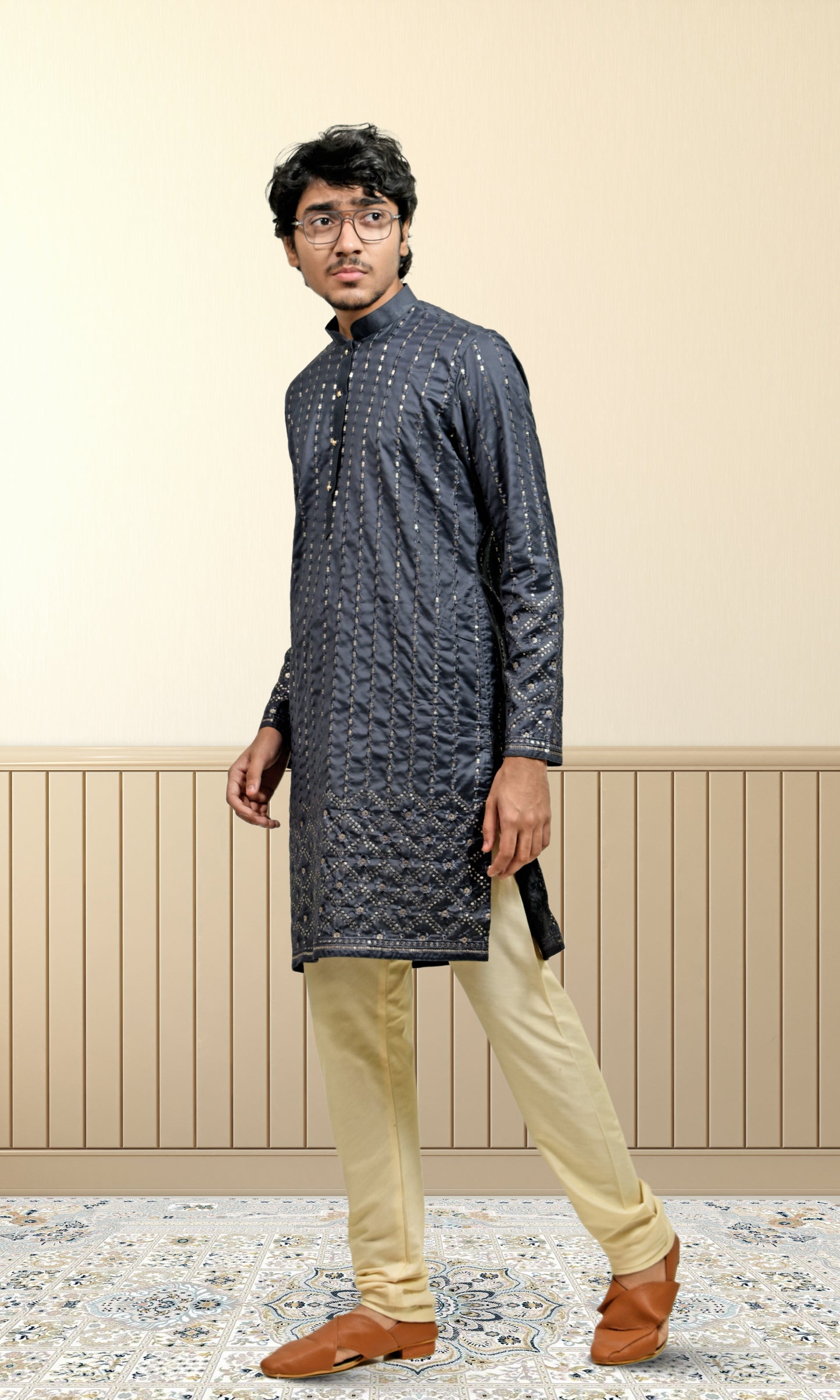 Midnight Charcoal Grey Kurta with Luminous Gold Embroidery