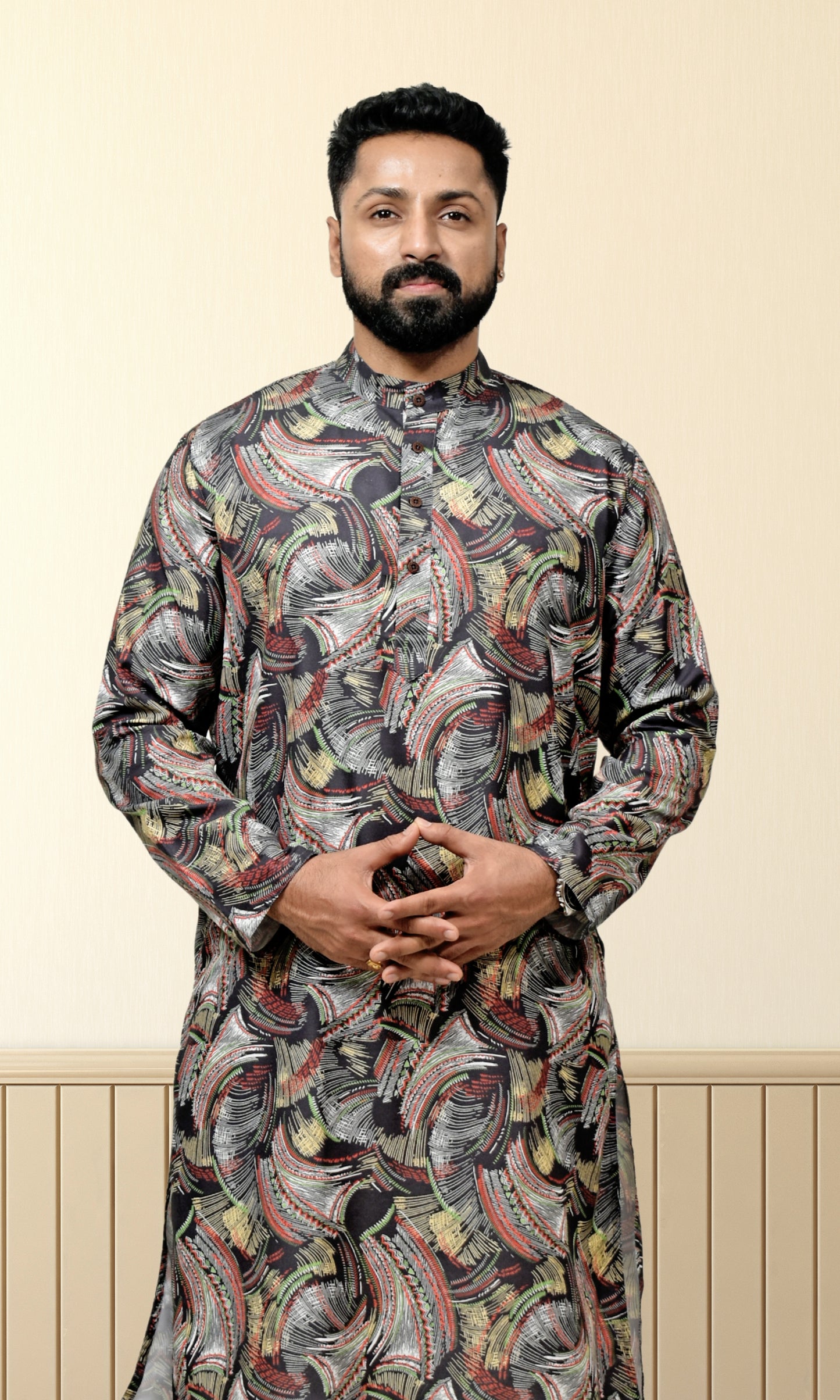 Ebony Crest Kurta with Energetic Weaves Print