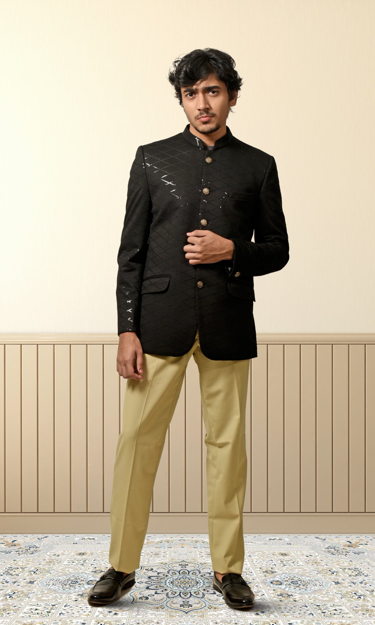 Regal Black Diamond-Quilted Bandhgala with Subtle Sequin Highlights