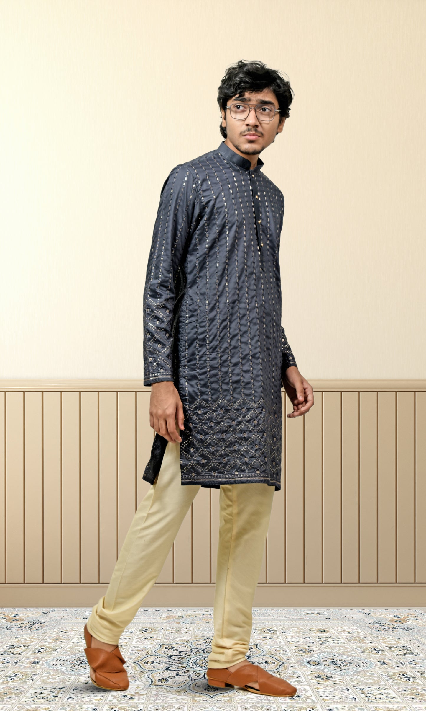 Midnight Charcoal Grey Kurta with Luminous Gold Embroidery