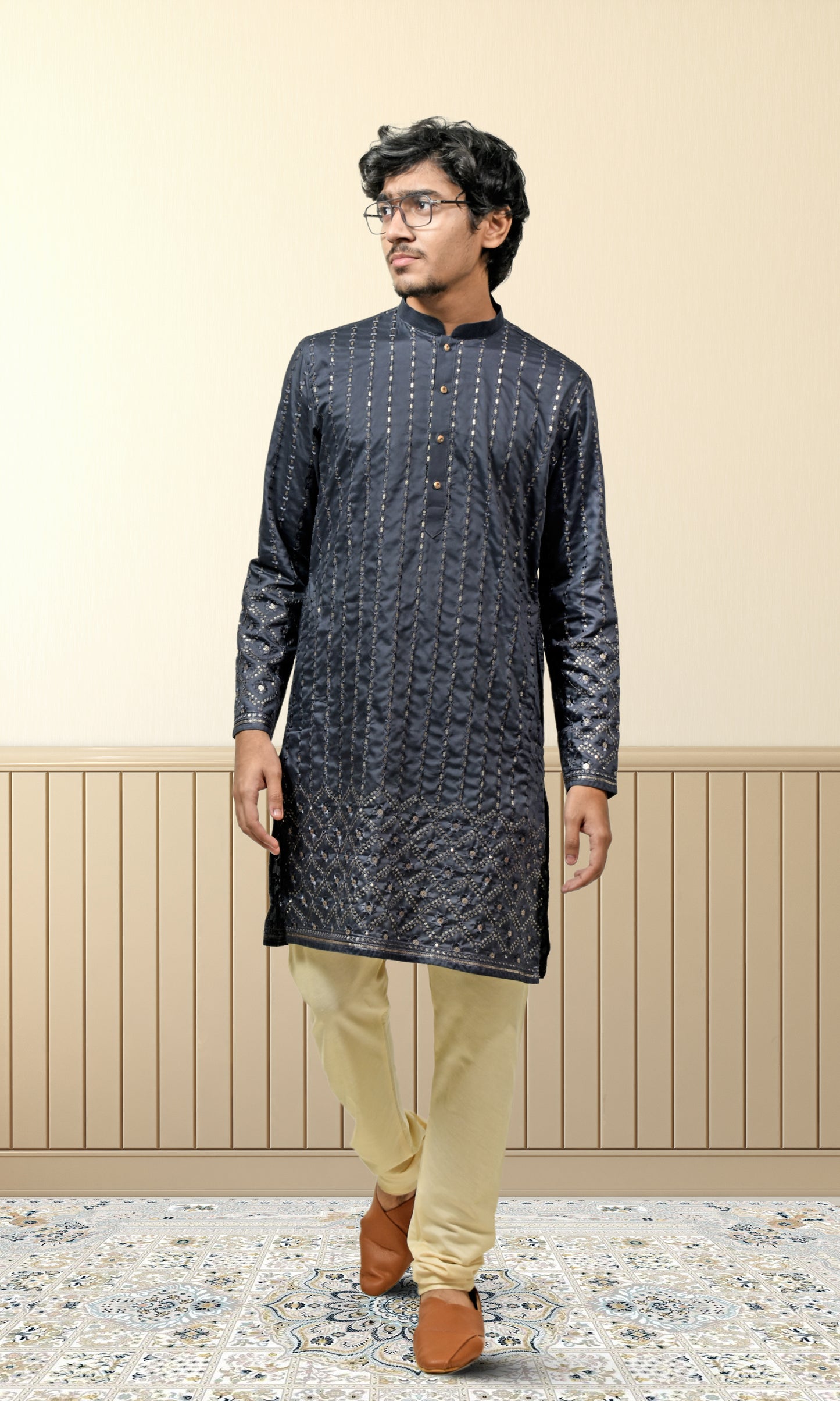 Midnight Charcoal Grey Kurta with Luminous Gold Embroidery
