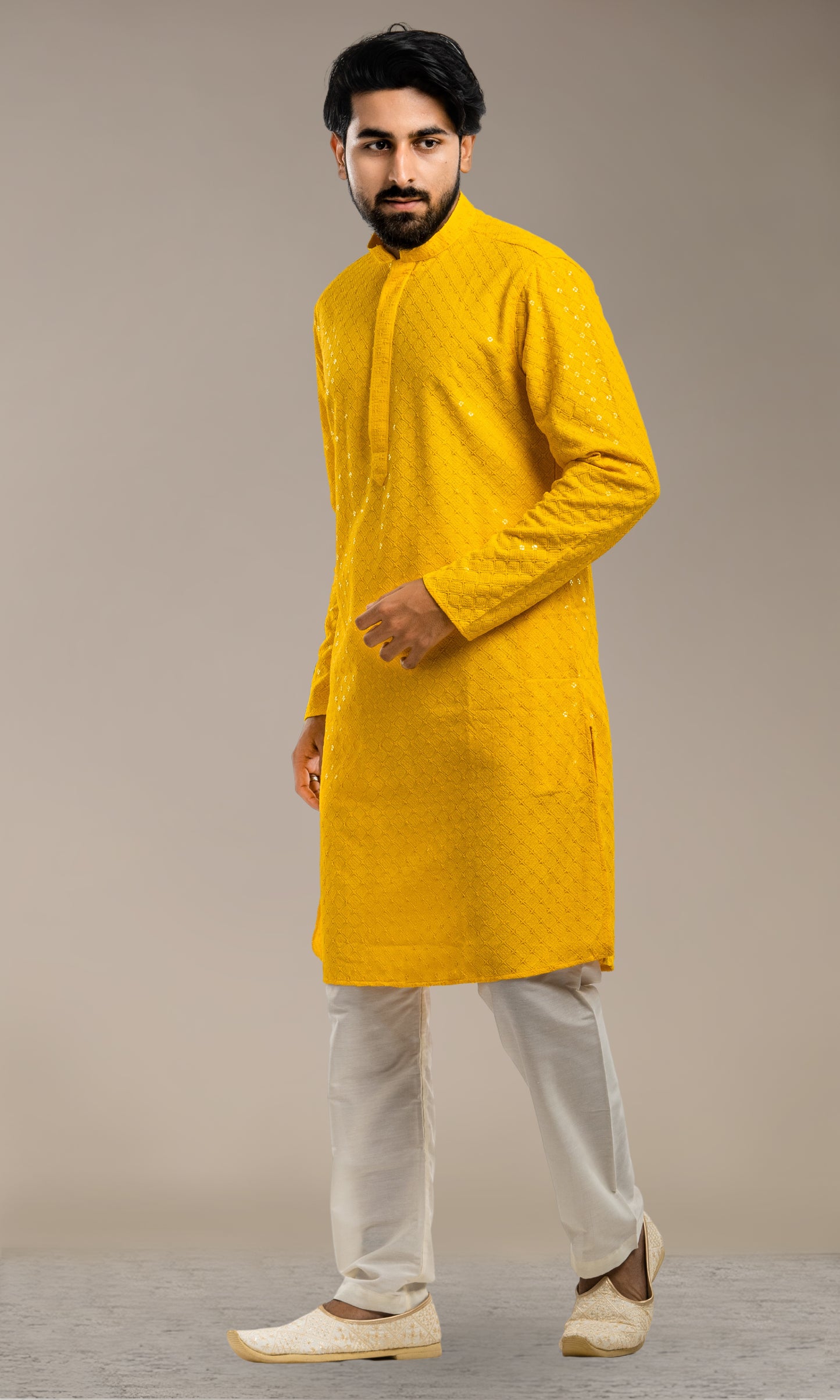 YELLOW SEQUIN EMBELLISHED CHIKANKARI KURTA