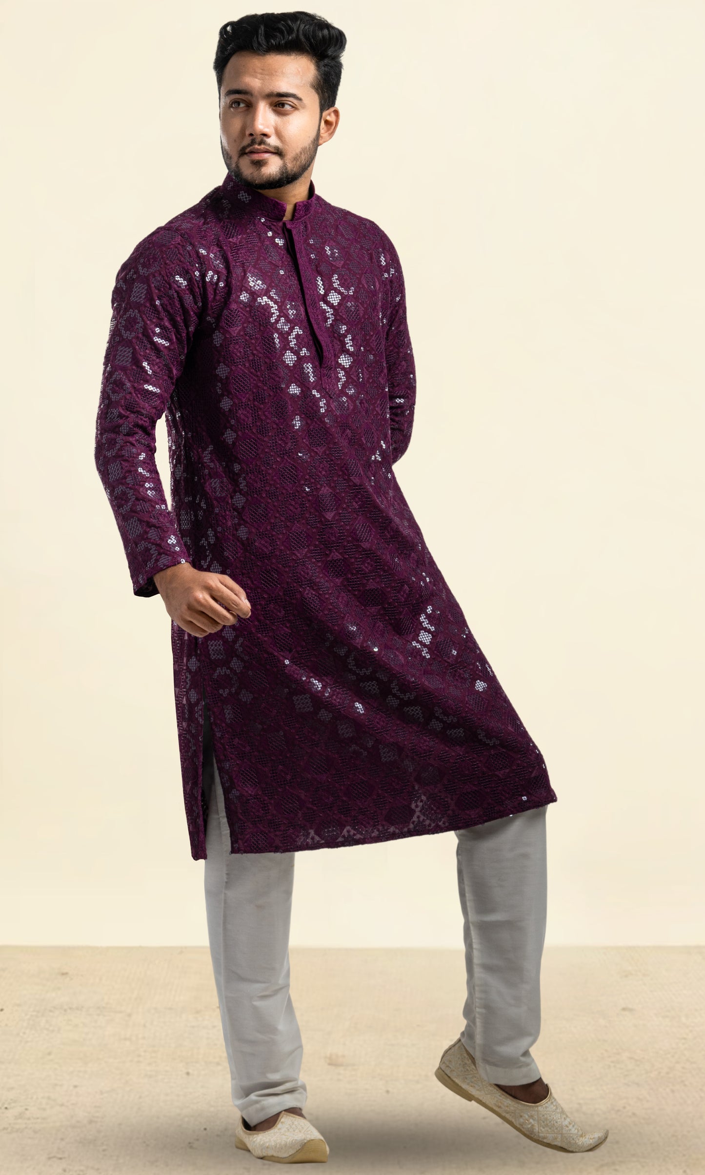 WINE SEQUIN EMBELLISHED CHIKANKARI KURTA