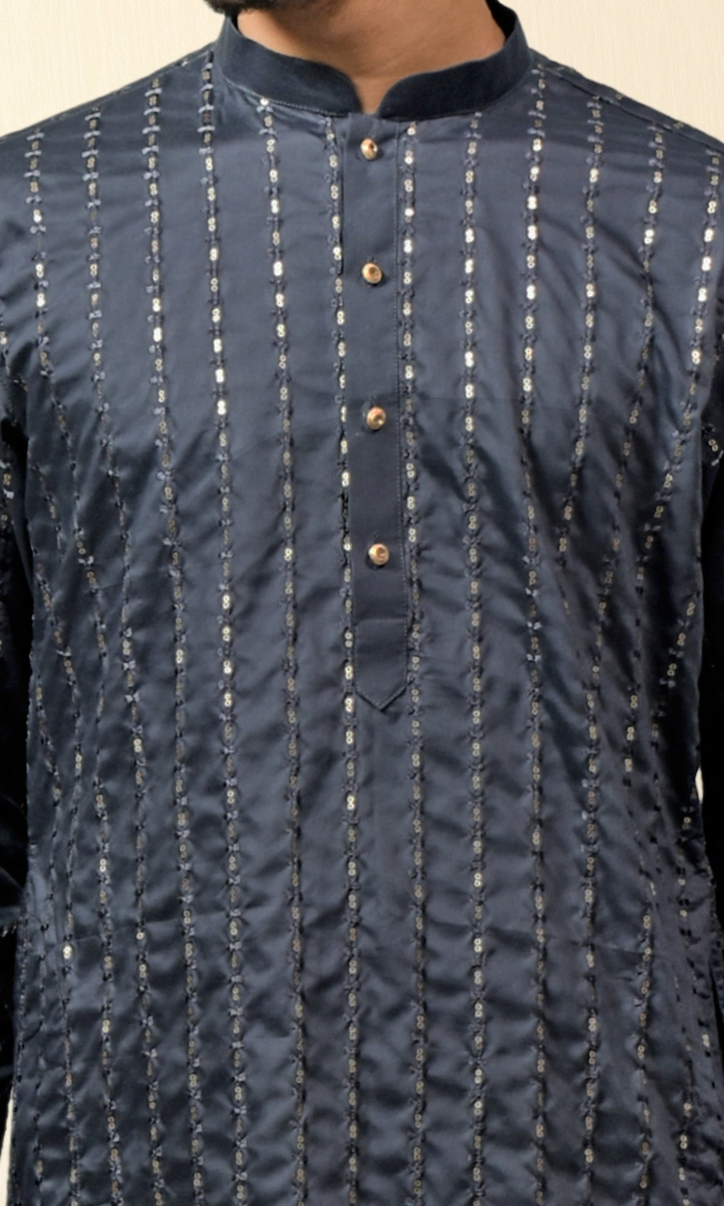Midnight Charcoal Grey Kurta with Luminous Gold Embroidery