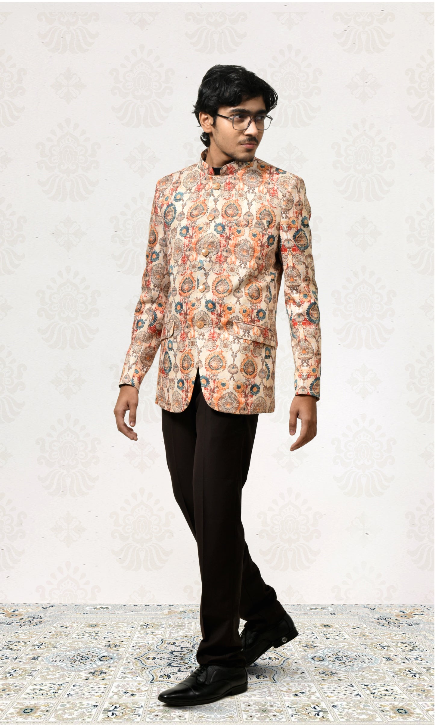 Champagne Beige Heritage Bandhgala with Vibrant Motif Design