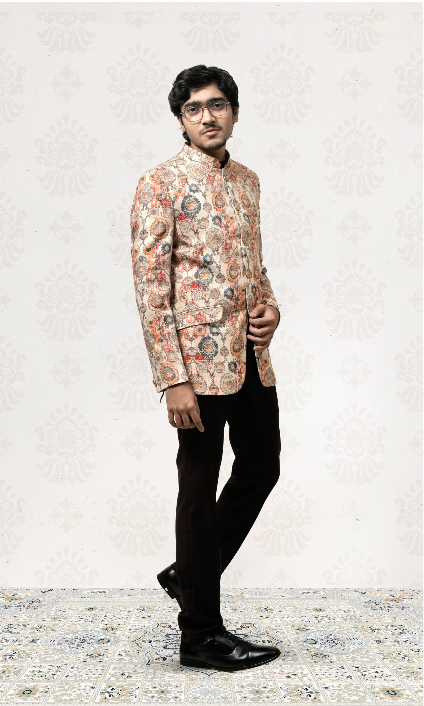 Champagne Beige Heritage Bandhgala with Vibrant Motif Design