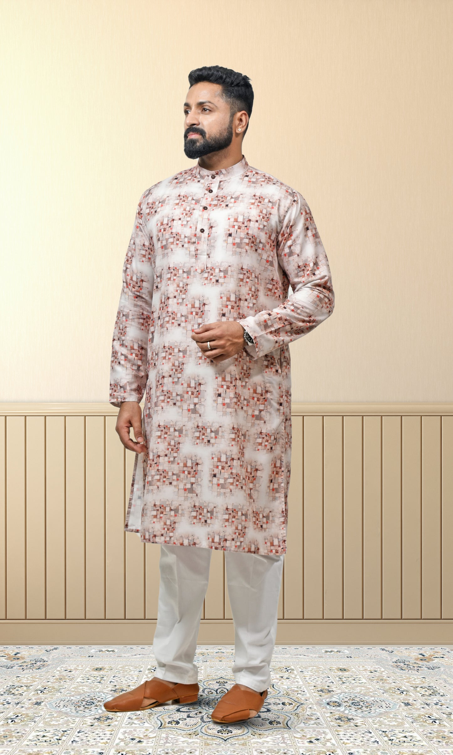 Ivory Ember Kurta with Pixelated Heritage Detailing