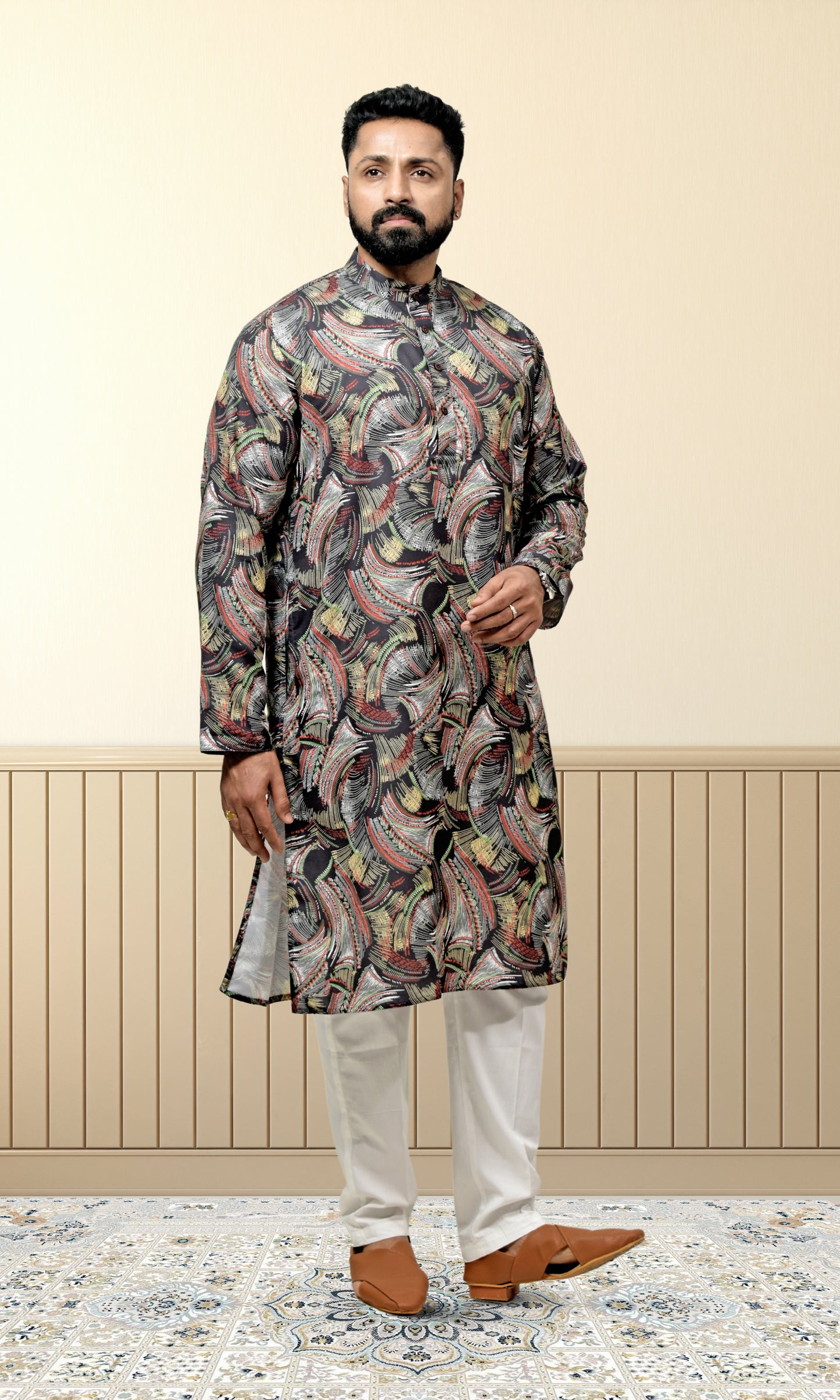 Ebony Crest Kurta with Energetic Weaves Print
