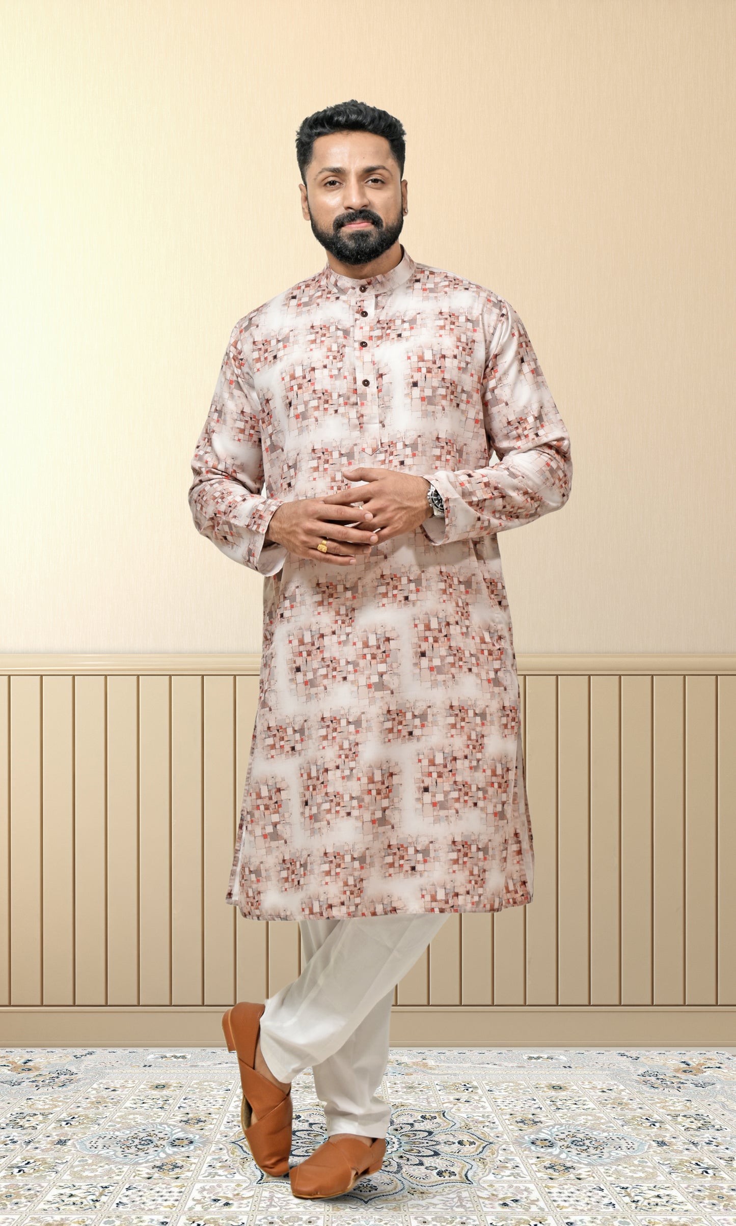 Ivory Ember Kurta with Pixelated Heritage Detailing