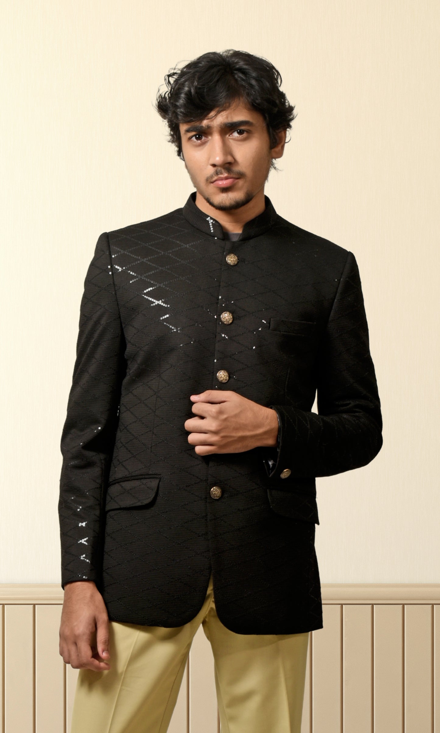 Regal Black Diamond-Quilted Bandhgala with Subtle Sequin Highlights