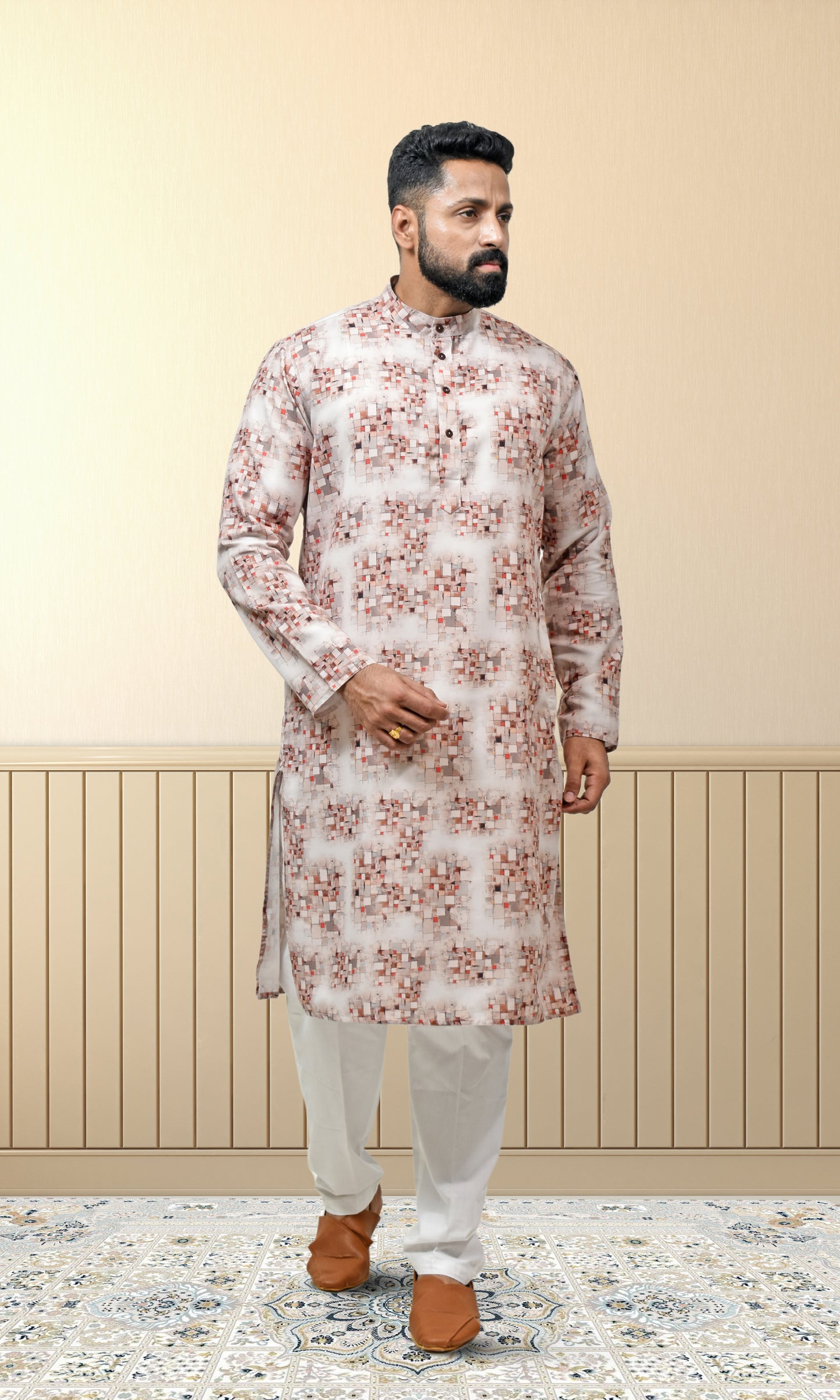 Ivory Ember Kurta with Pixelated Heritage Detailing