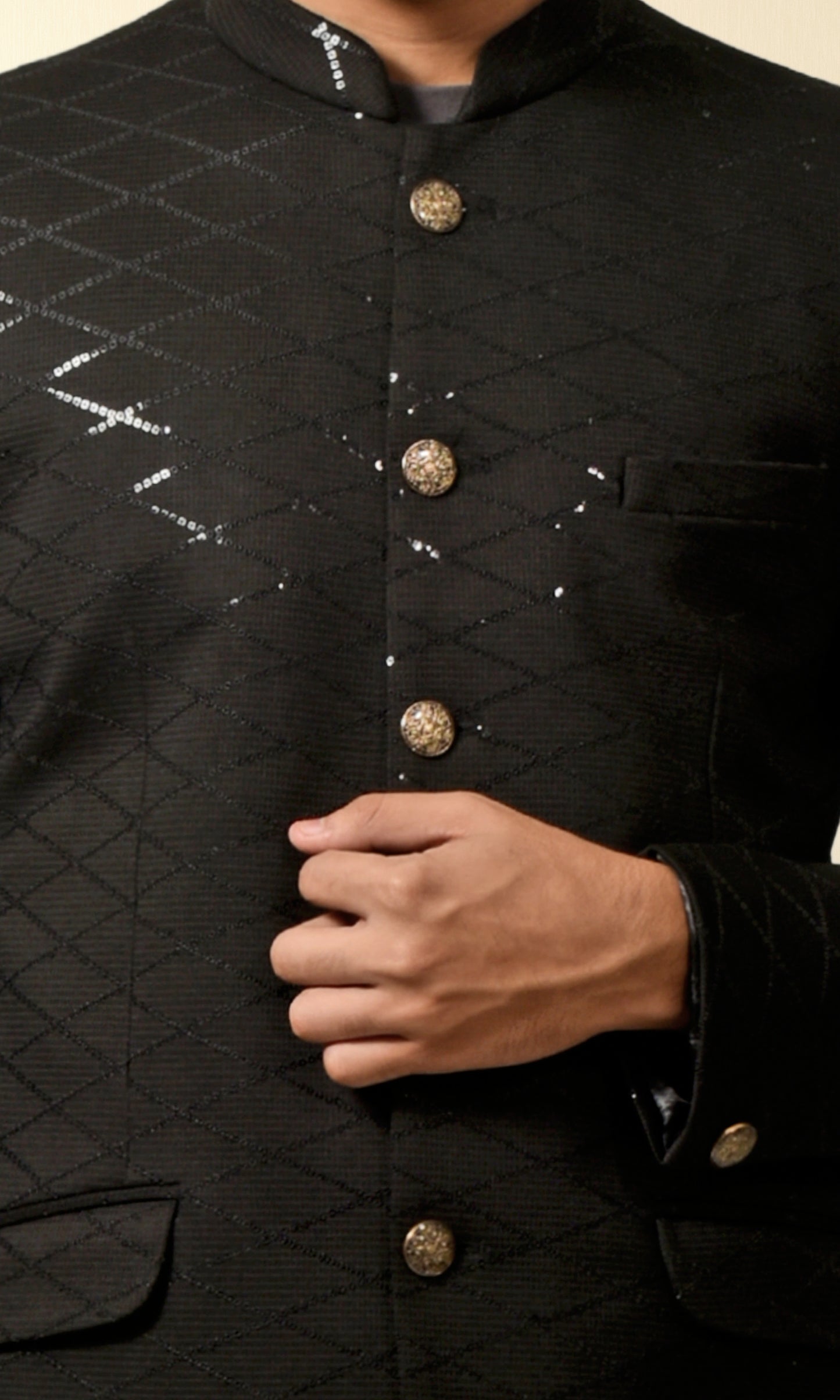 Regal Black Diamond-Quilted Bandhgala with Subtle Sequin Highlights