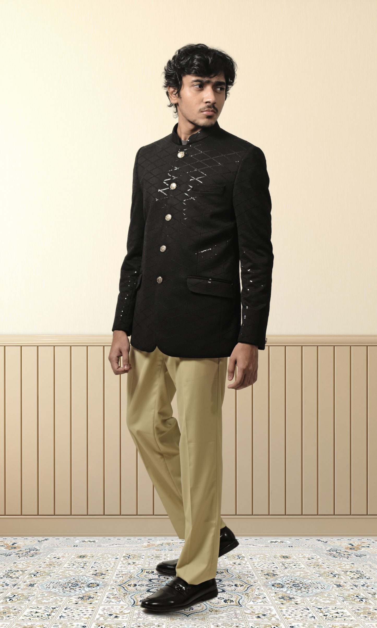 Regal Black Diamond-Quilted Bandhgala with Subtle Sequin Highlights