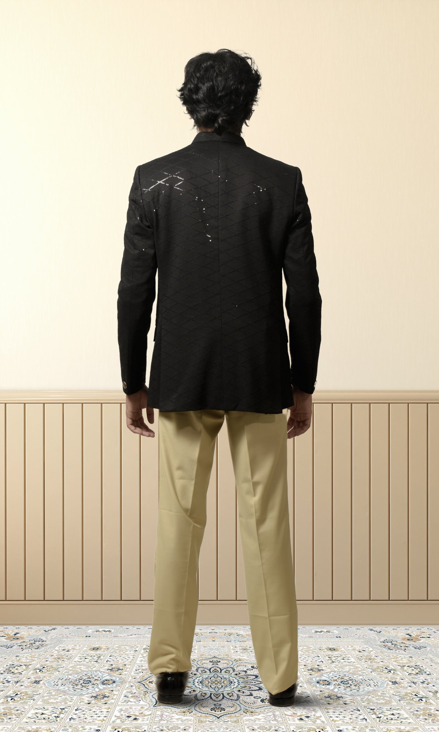 Regal Black Diamond-Quilted Bandhgala with Subtle Sequin Highlights
