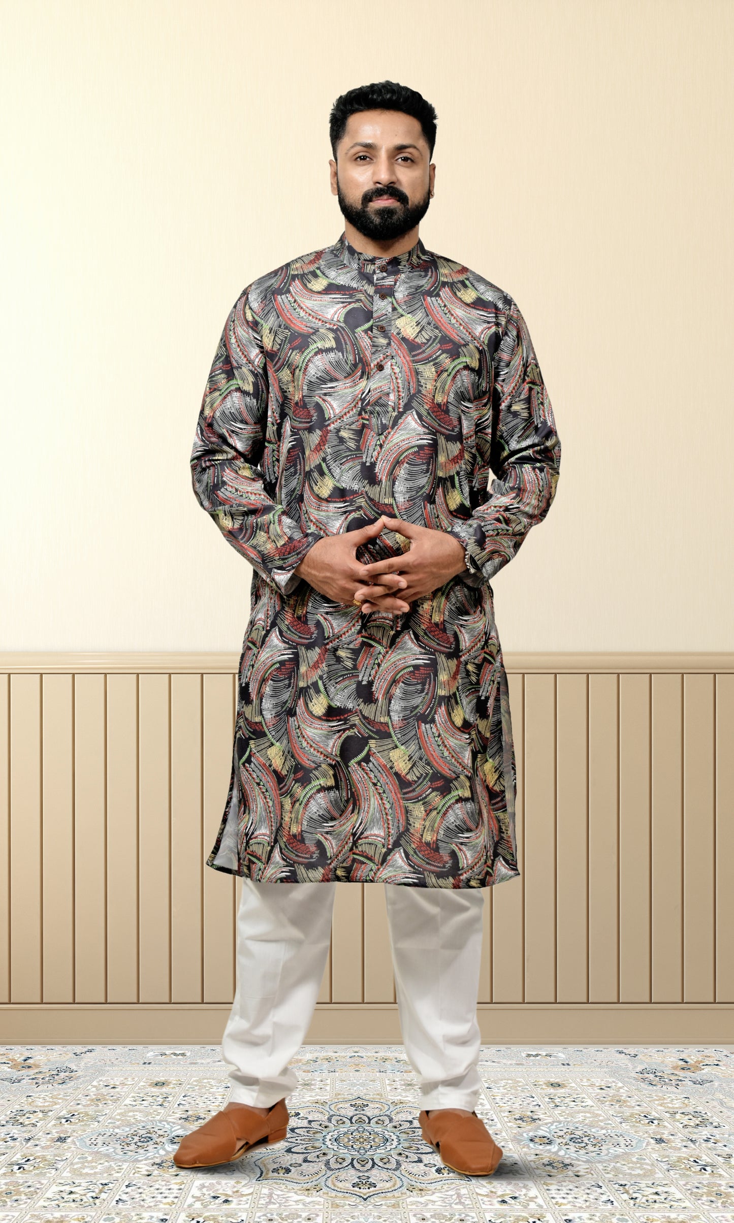 Ebony Crest Kurta with Energetic Weaves Print