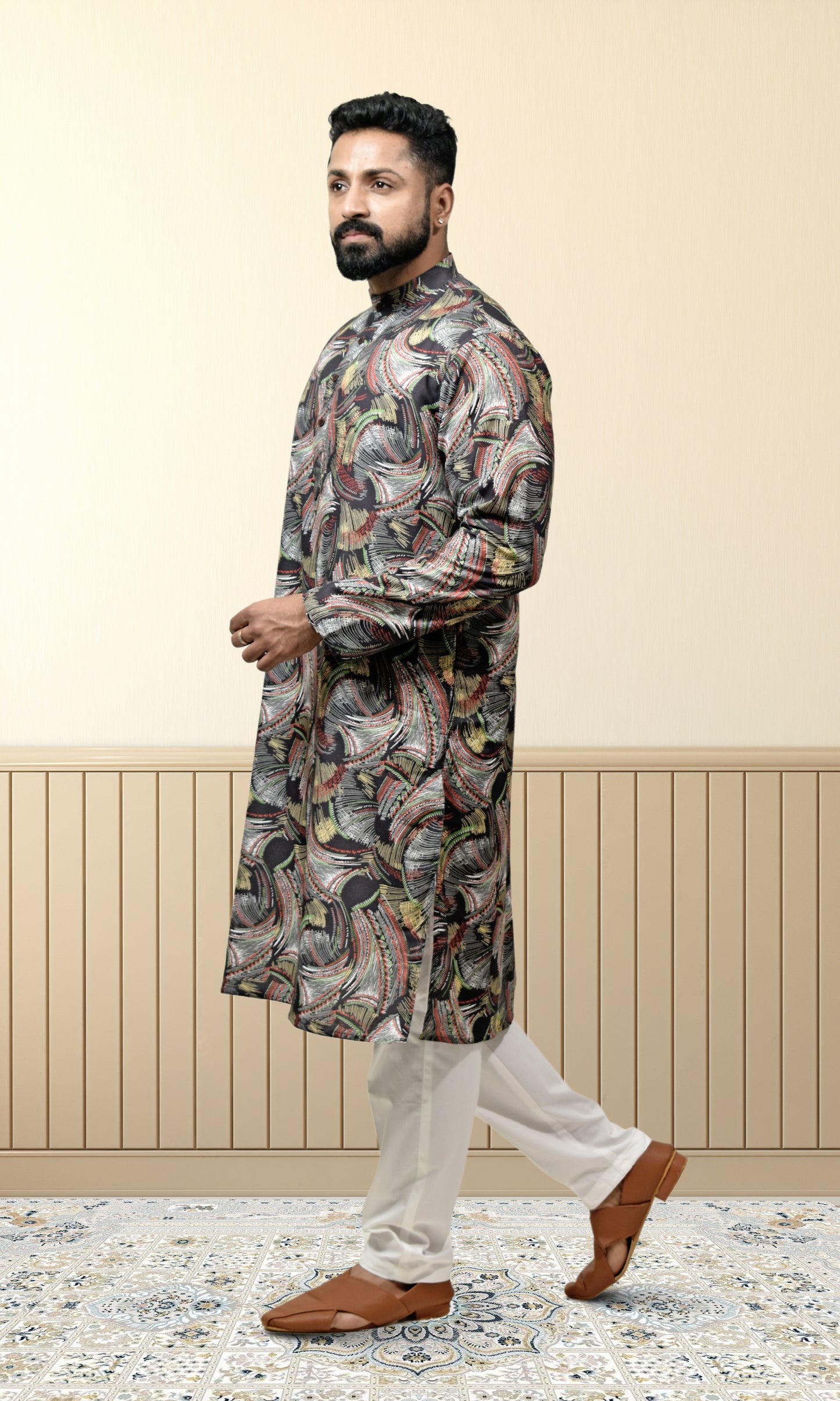 Ebony Crest Kurta with Energetic Weaves Print