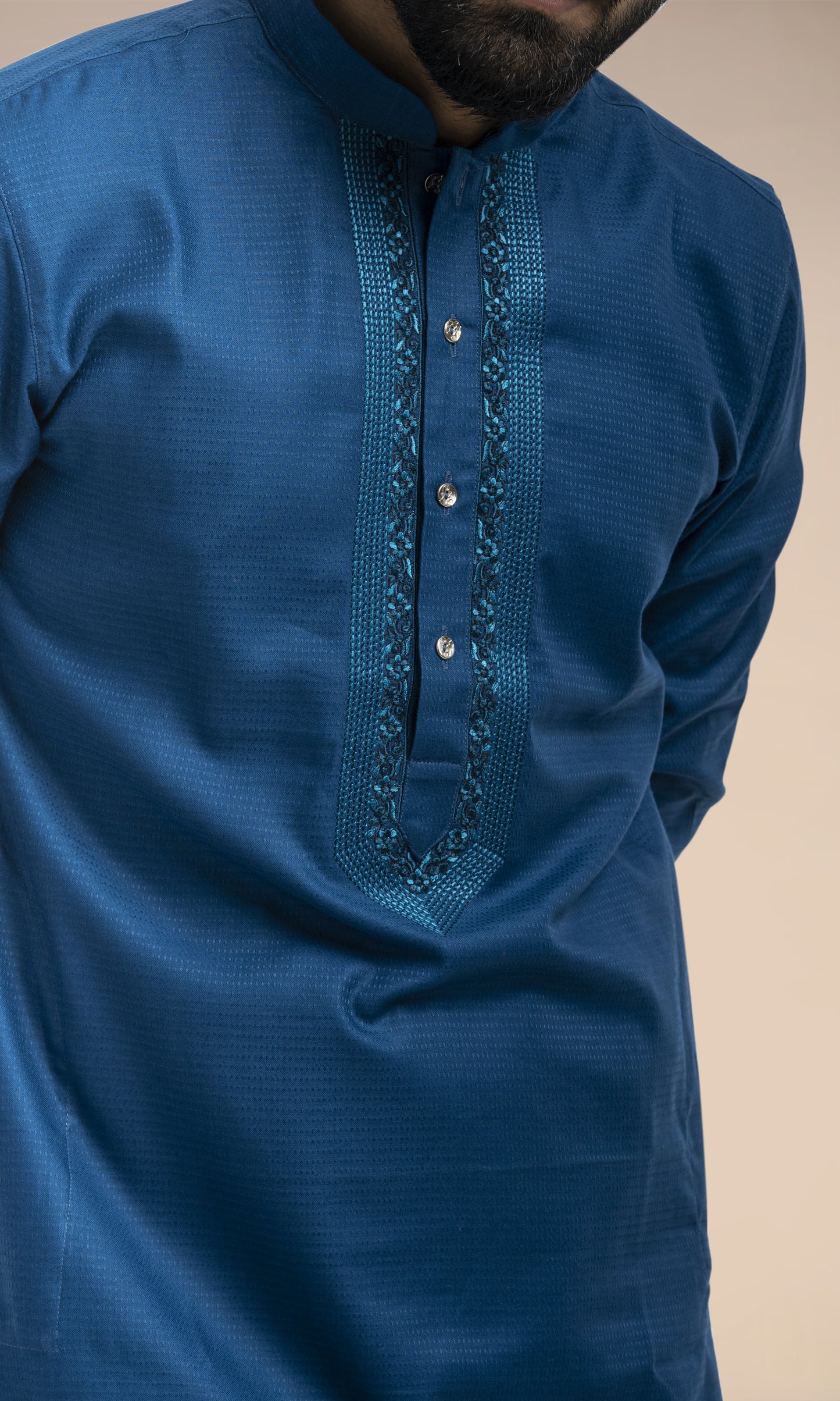 NAVY BLUE SELF WEAVED KURTAS WITH EMBROIDERED NECKLINE