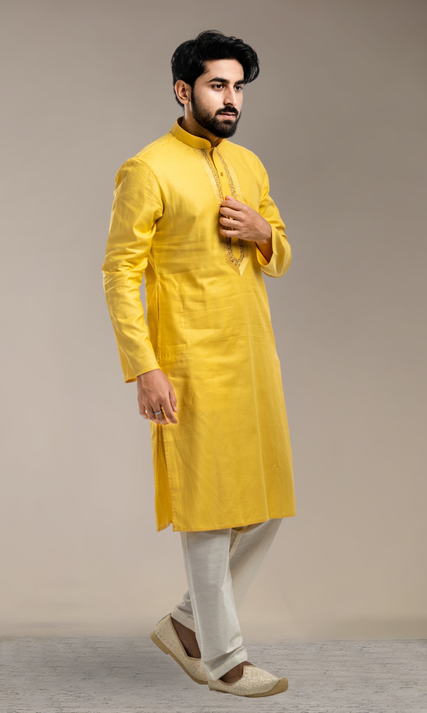YELLOW SELF WEAVED KURTA WITH EMBROIDERED NECKLINE