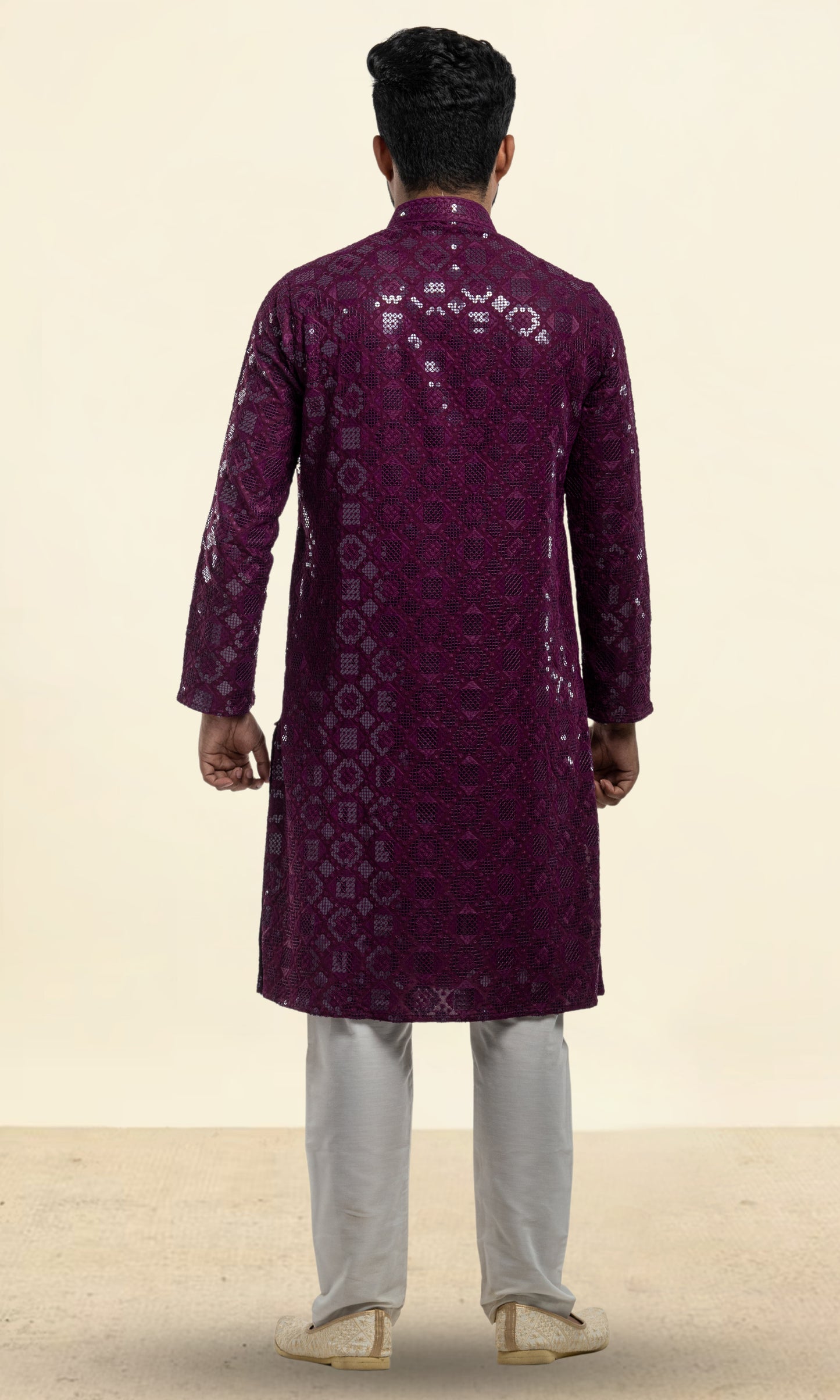 WINE SEQUIN EMBELLISHED CHIKANKARI KURTA