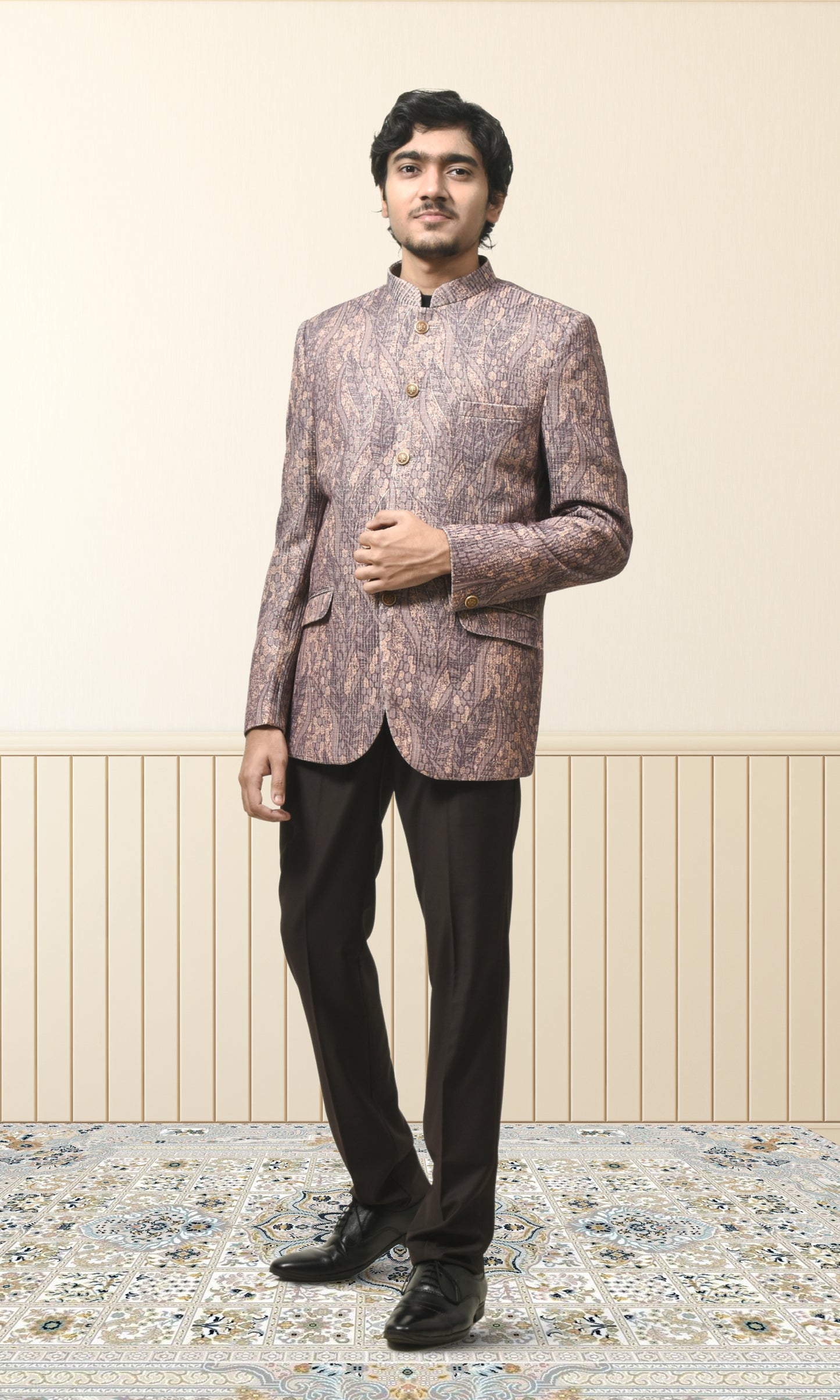 Dusky Lavender Embossed Bandhgala with Rustic Gold Accents