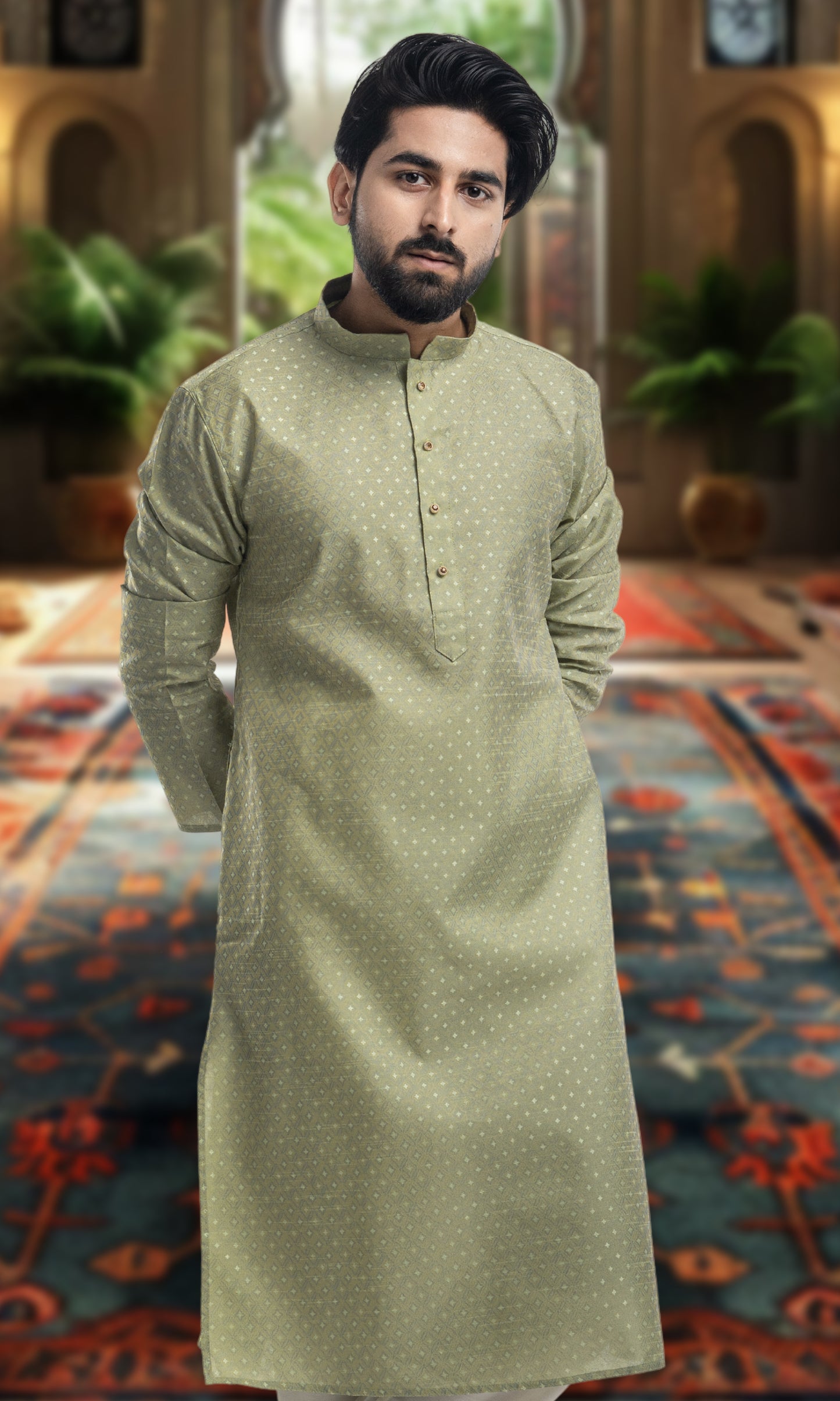 PISTA WEAVED GEOMETRIC PATTERN KURTA