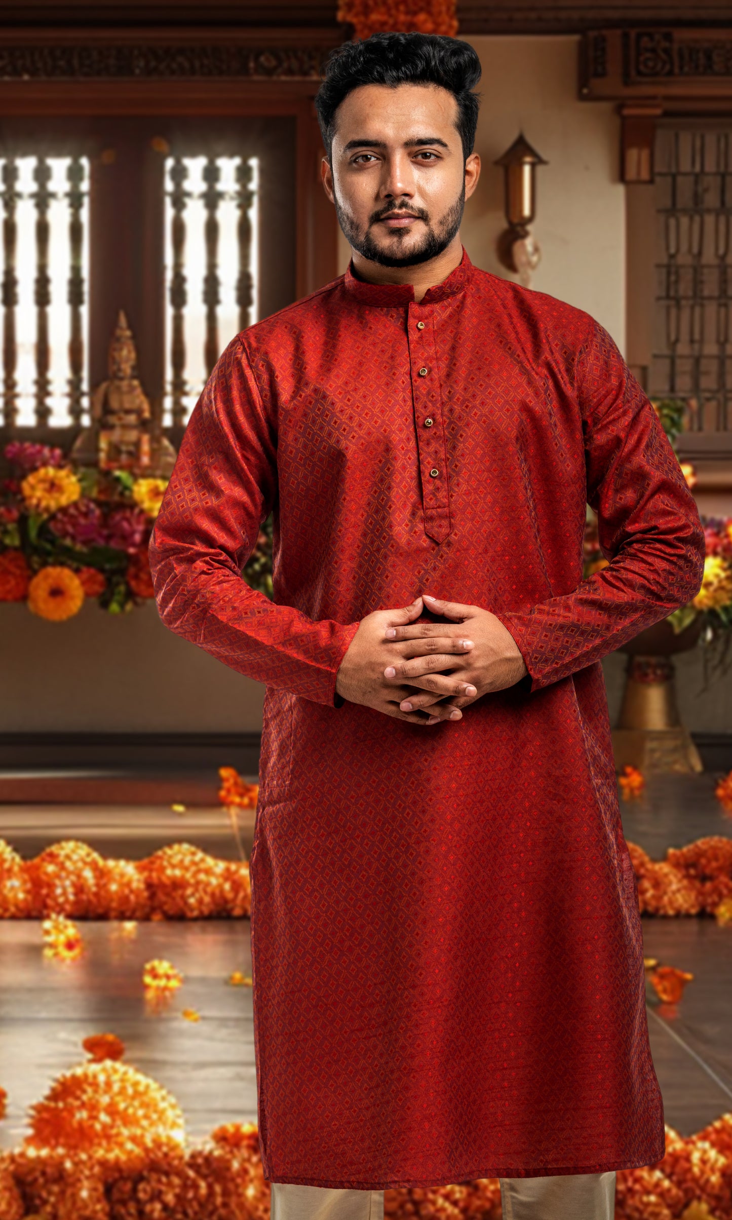 BELL PEPER RED WEAVED GEOMETRIC PATTERN KURTA