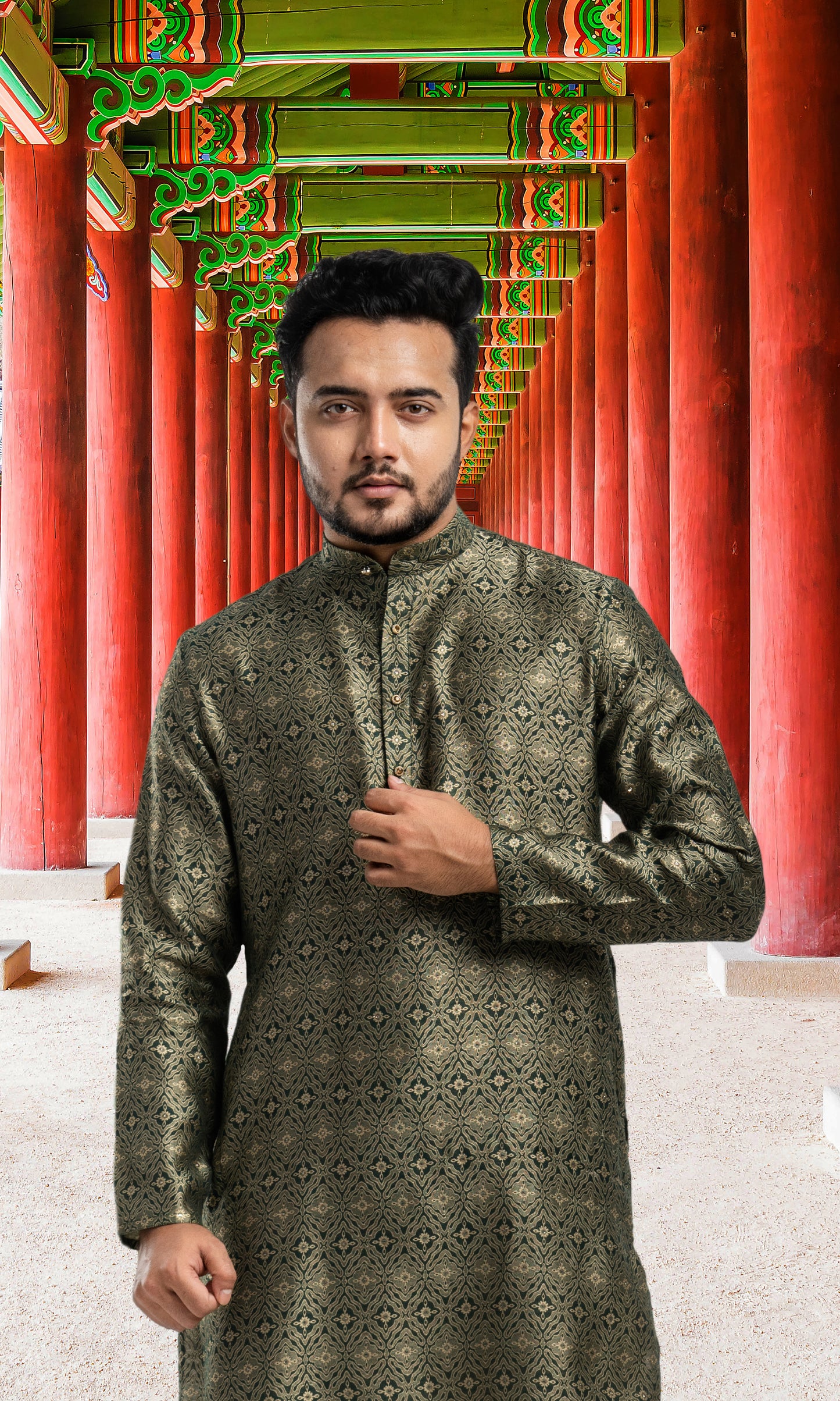 BOTTLE GREEN MEDALLION WWEAVED KURTA WITH GOLDEN ZARI